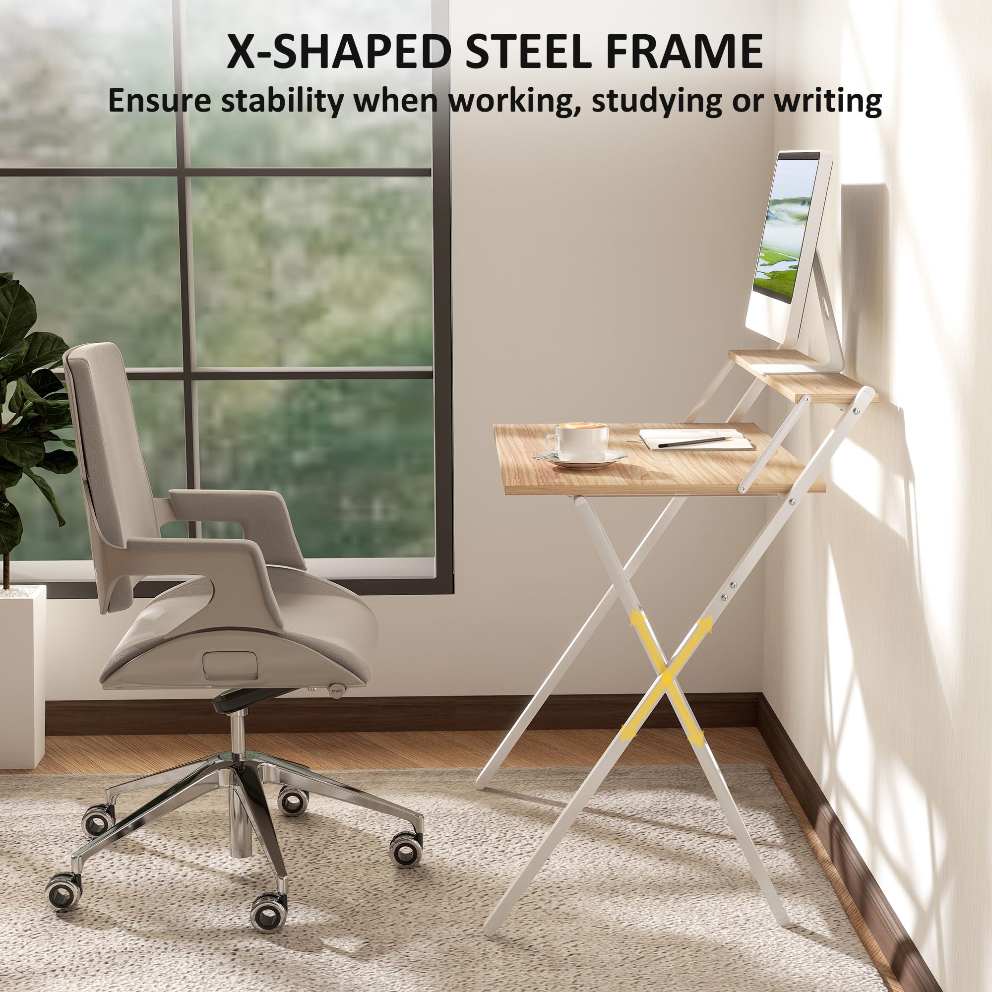 HOMCOM Folding Desk with Monitor Shelf - 81.5 cm Wide, Compact, Foldable | Natural Wood Finish 6