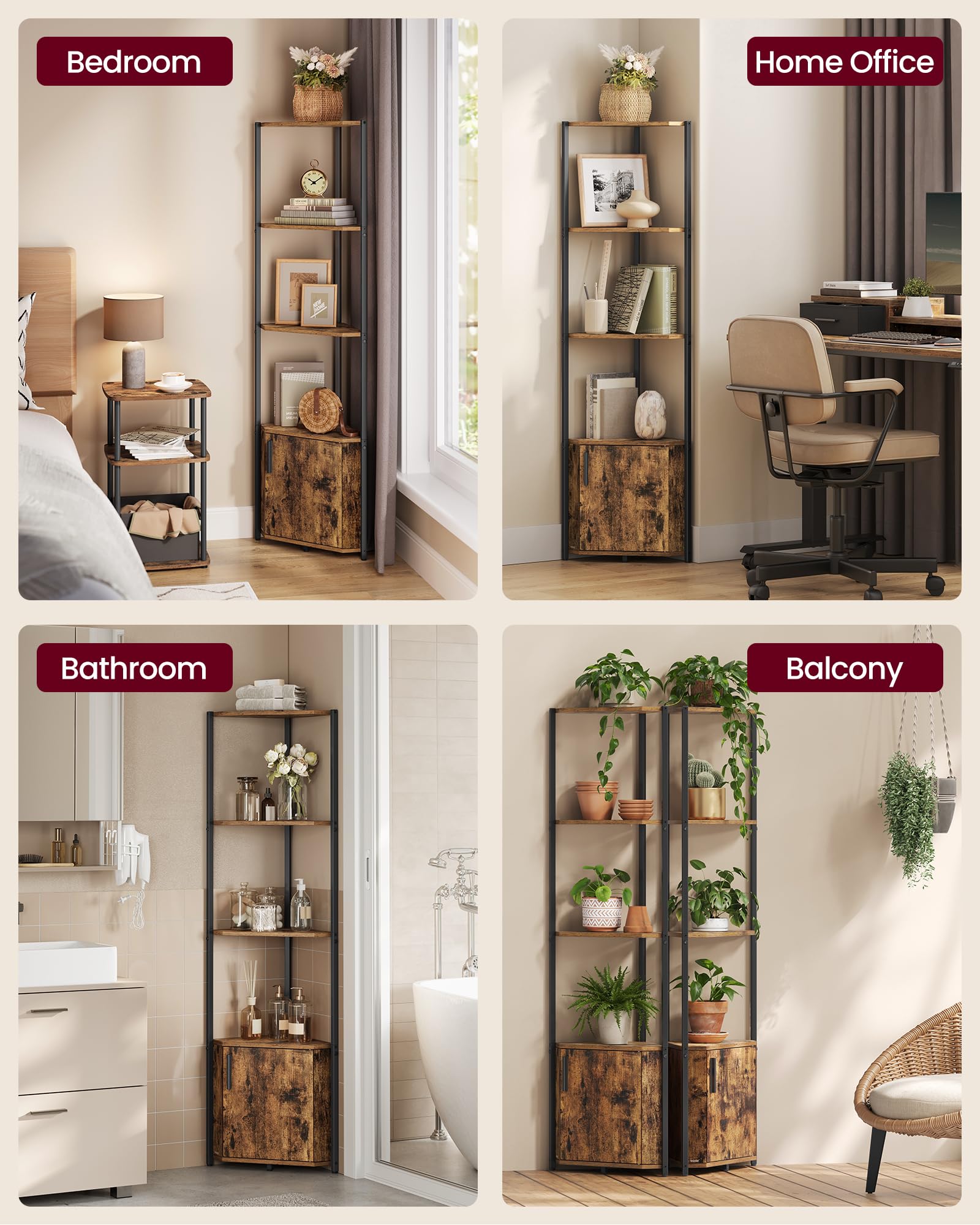 VASAGLE Corner Shelf with Storage - 5-Tier | Rustic Brown + Ink Black | 25.4 x 44.5 x 147.3 cm 4