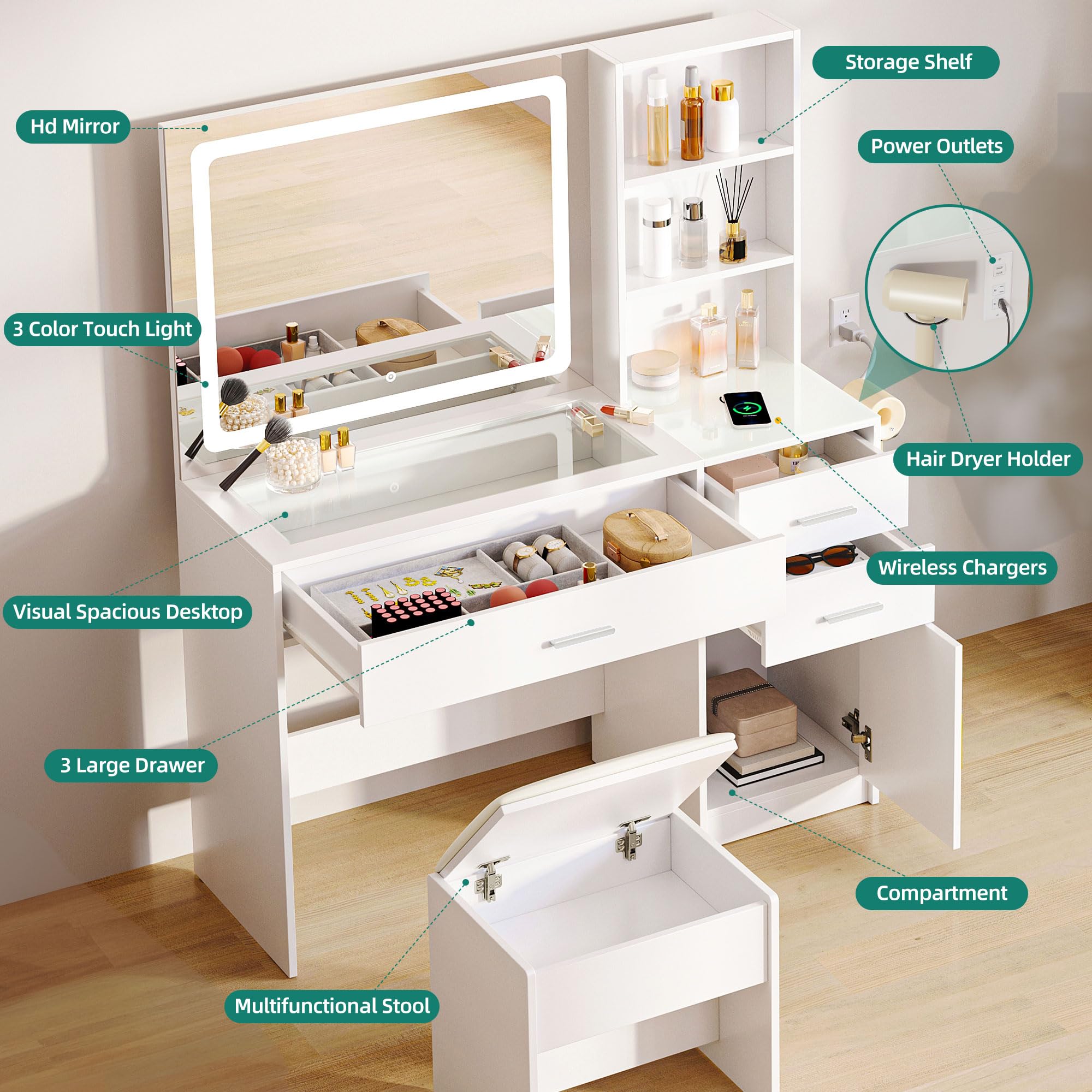 YITAHOME Dressing Table with Glass Top, LED Light, 3 Drawers, and Storage Stool 4
