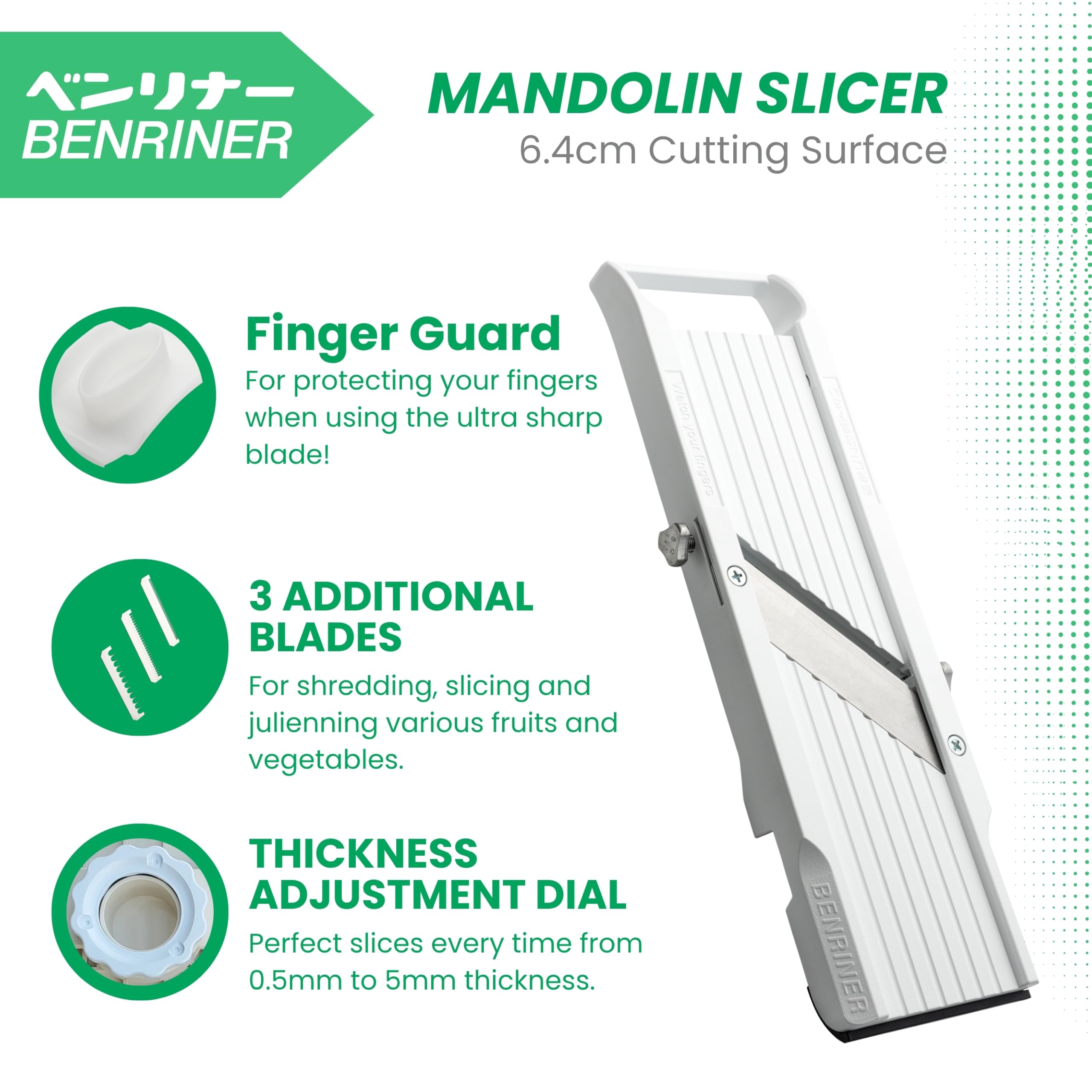 Benriner BN-3GR Japanese Handheld Mandolin Slicer - 3 Interchangeable Blades | Adjustable Thickness up to ¼ inch 6