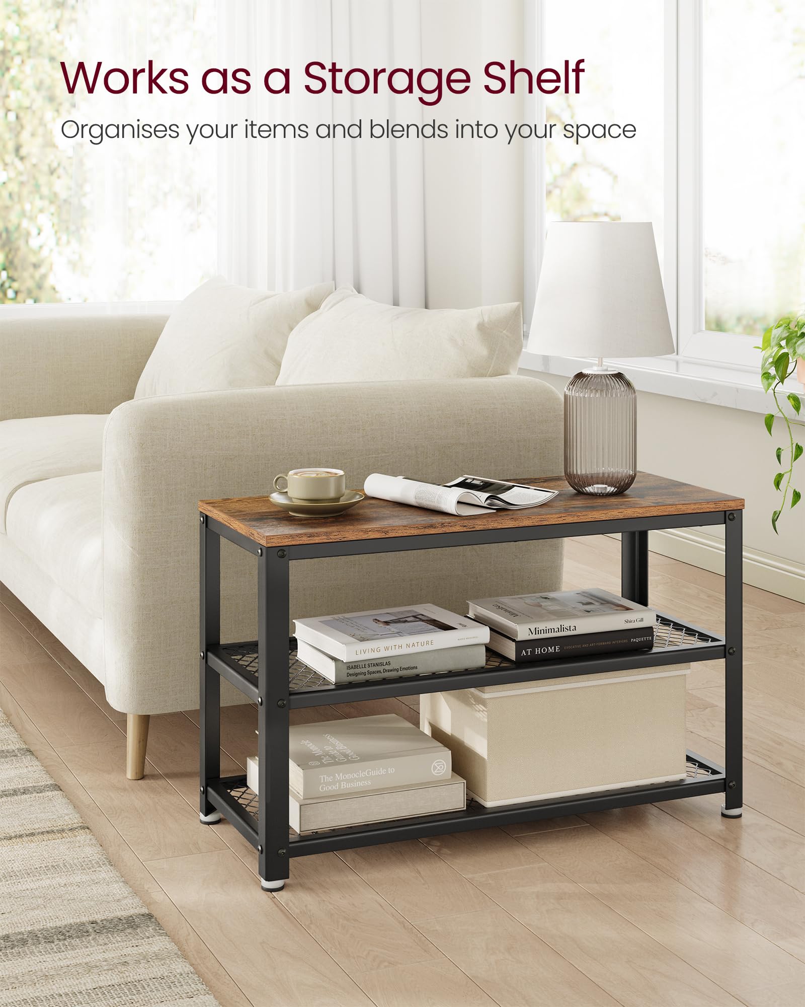 VASAGLE Shoe Storage Bench with 2 Shelves | Industrial Style | 73 cm Wide | Rustic Brown & Black 7