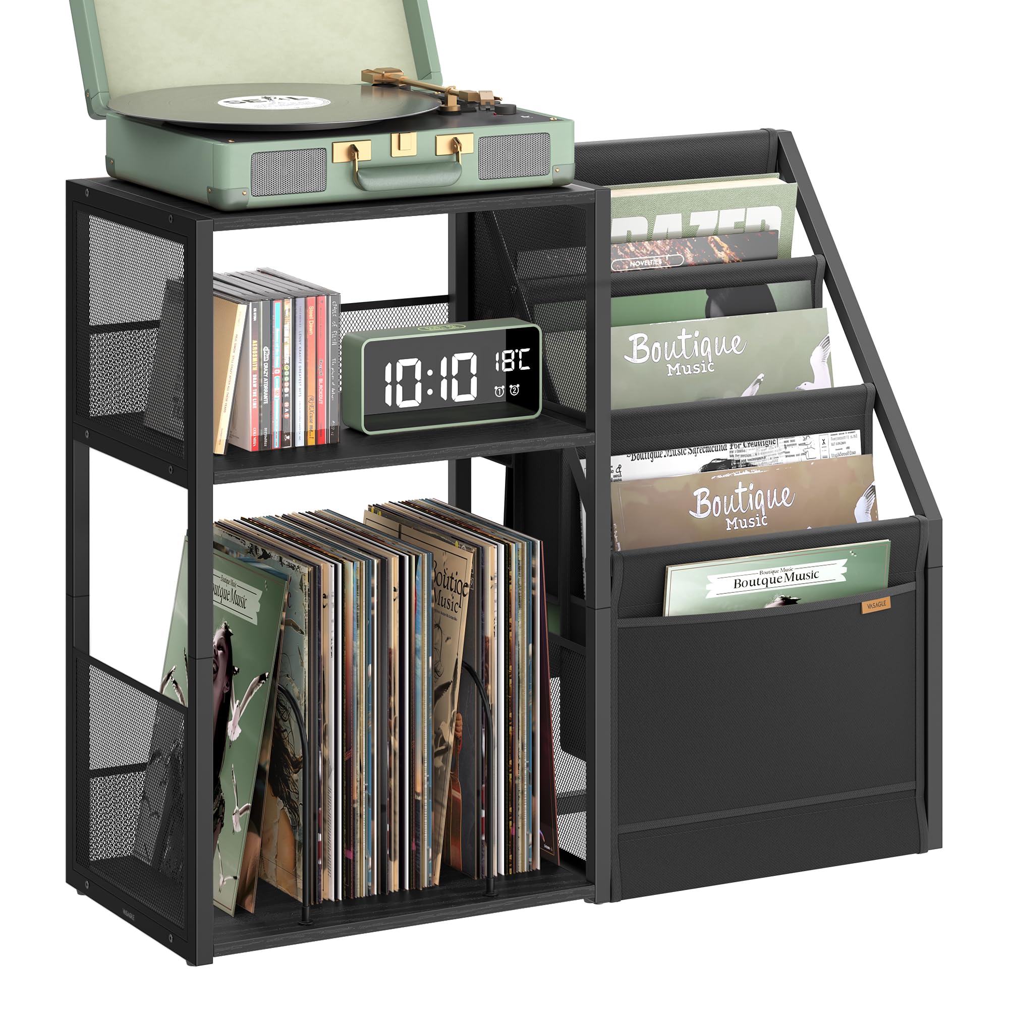VASAGLE Record Player Stand - 3-Tier Storage for 140 Albums | Ebony Black End Table | 30 x 81 x 69 cm 1