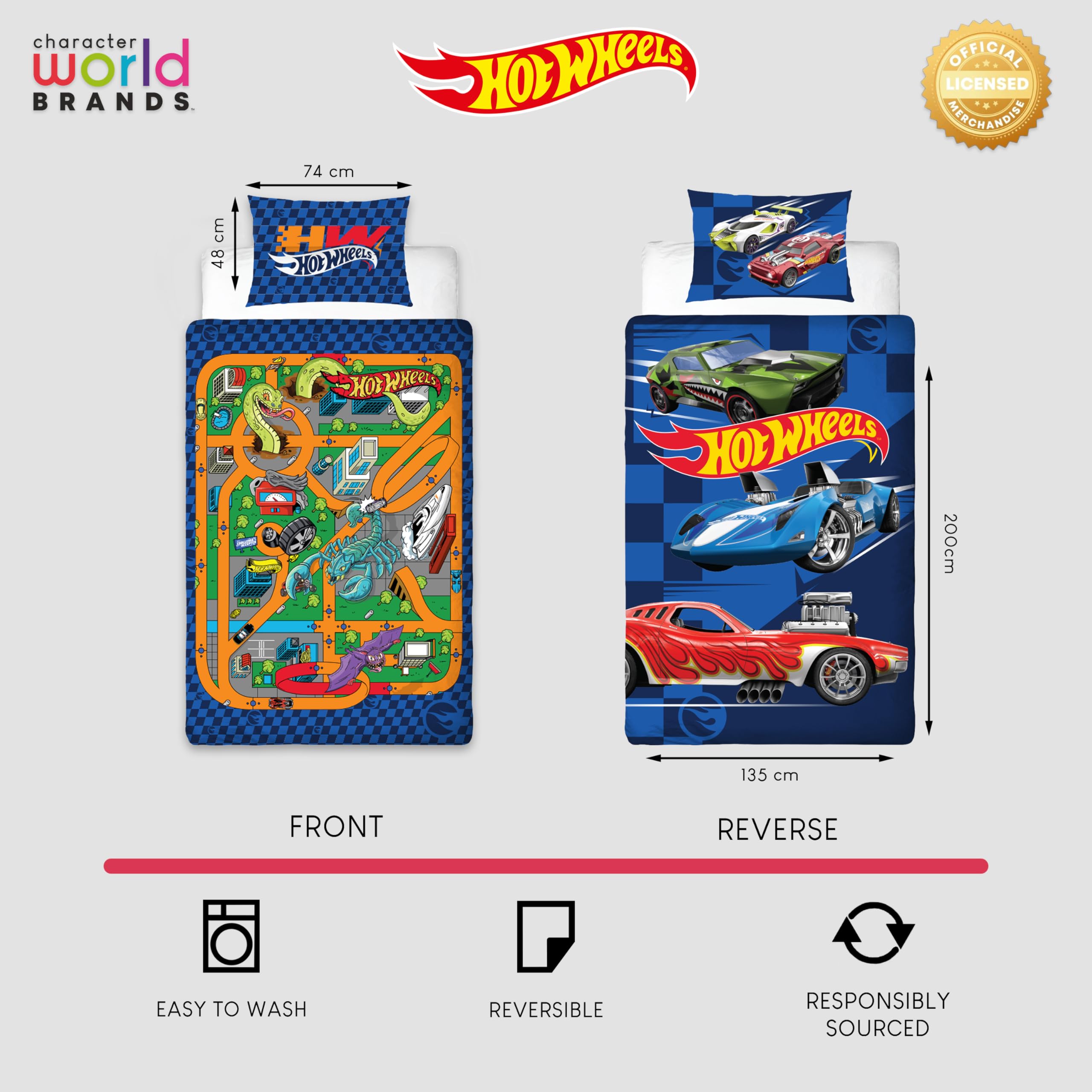 Character World Hot Wheels Officially Licensed Single Duvet Cover Set | 135 x 200cm | 100% Polyester 9
