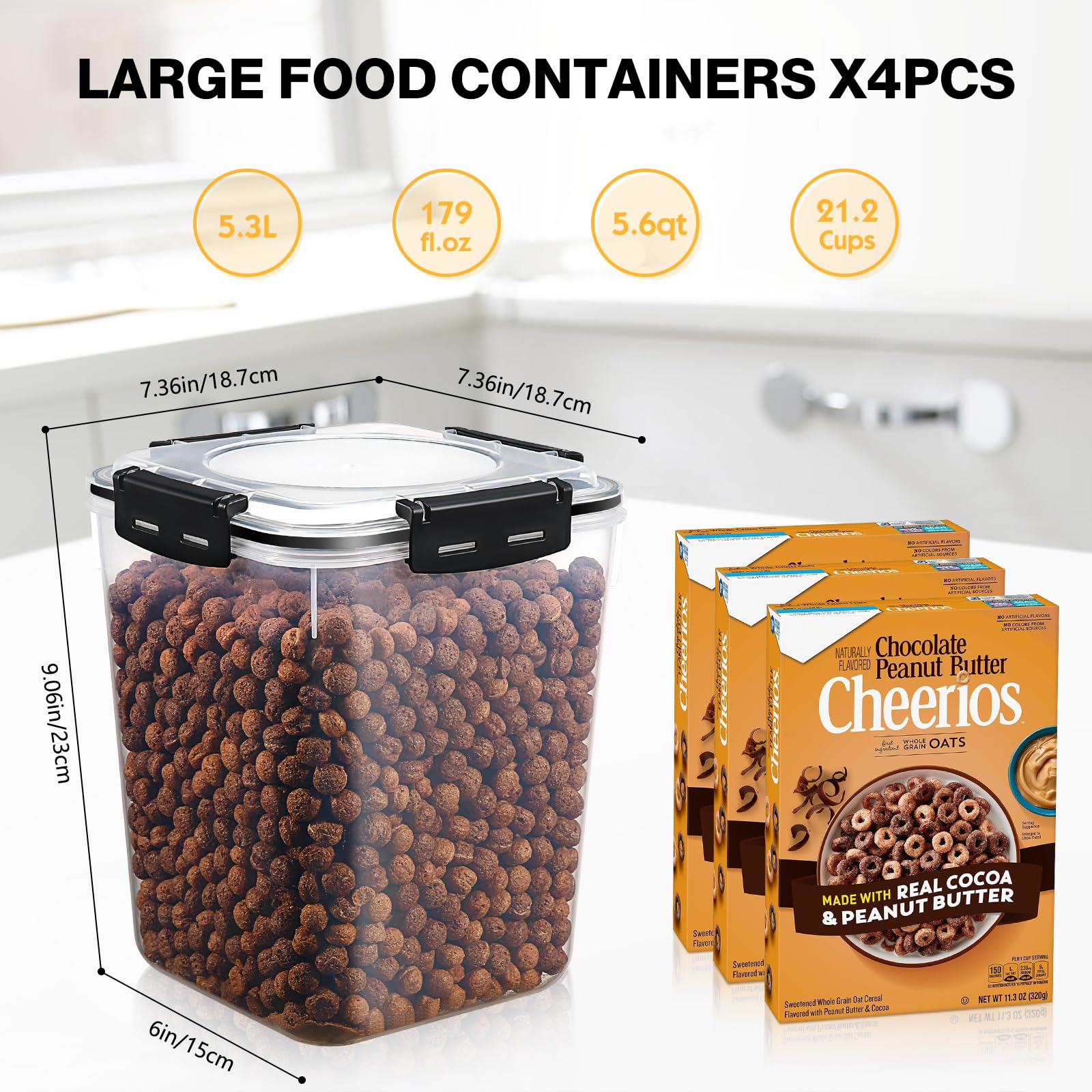 YASHE Large Food Storage Containers with Lids - 5.3L Capacity, 4 Pack, Airtight, BPA-Free