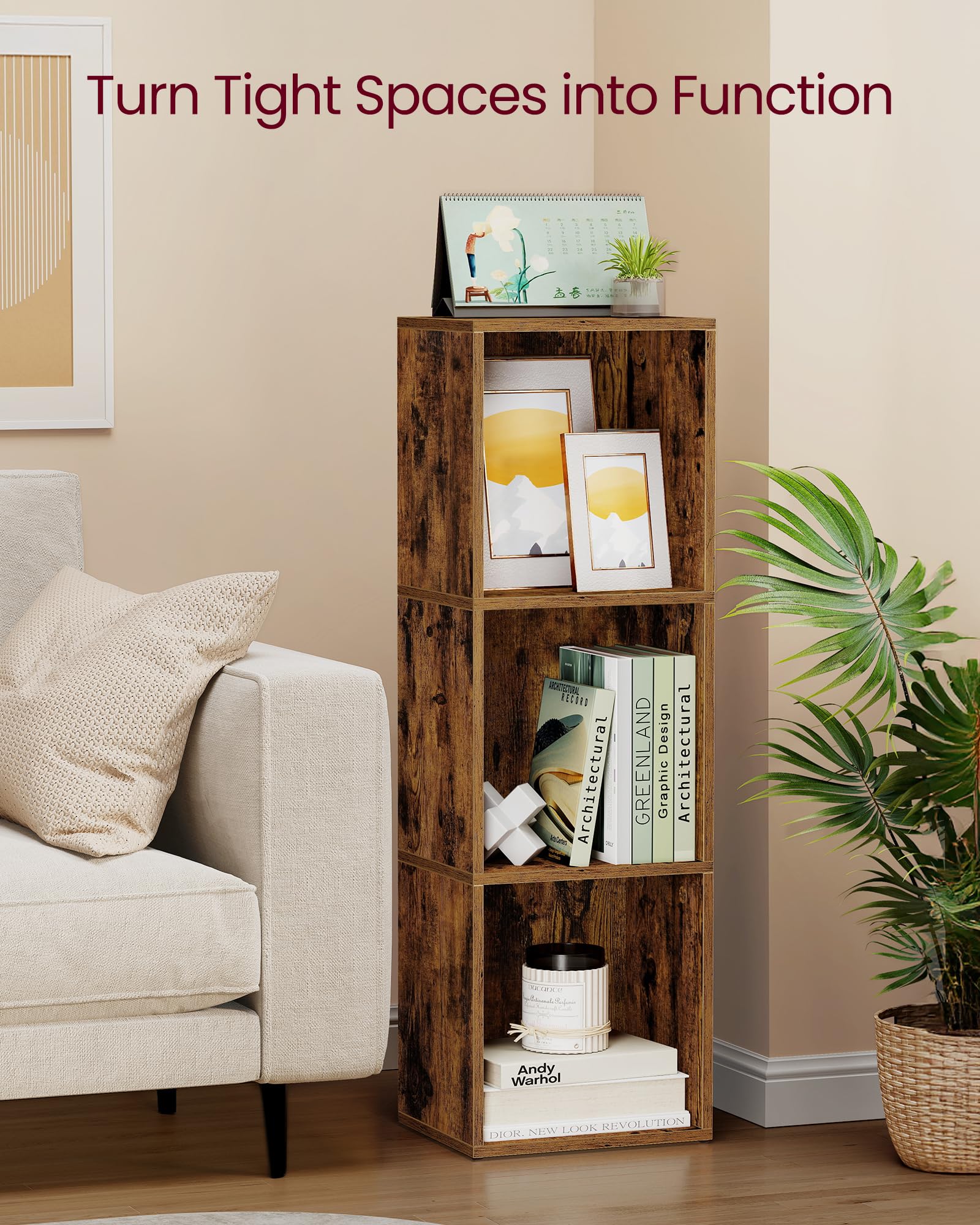 VASAGLE CUSTOS Collection Bookshelf - 3-Tier Cube Storage | Rustic Brown | 94.8cm Height 4