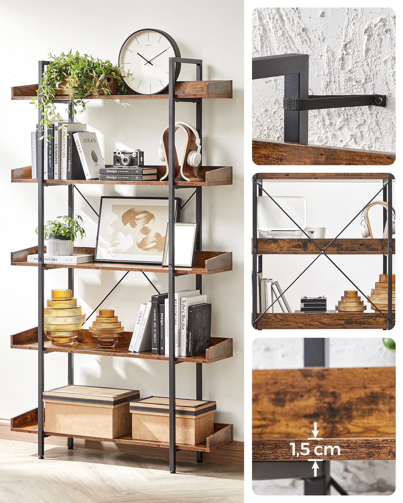 VASAGLE Industrial Bookcase - 5-Tier Shelving Unit | Rustic Brown & Black | 100 x 28 x 178 cm 7