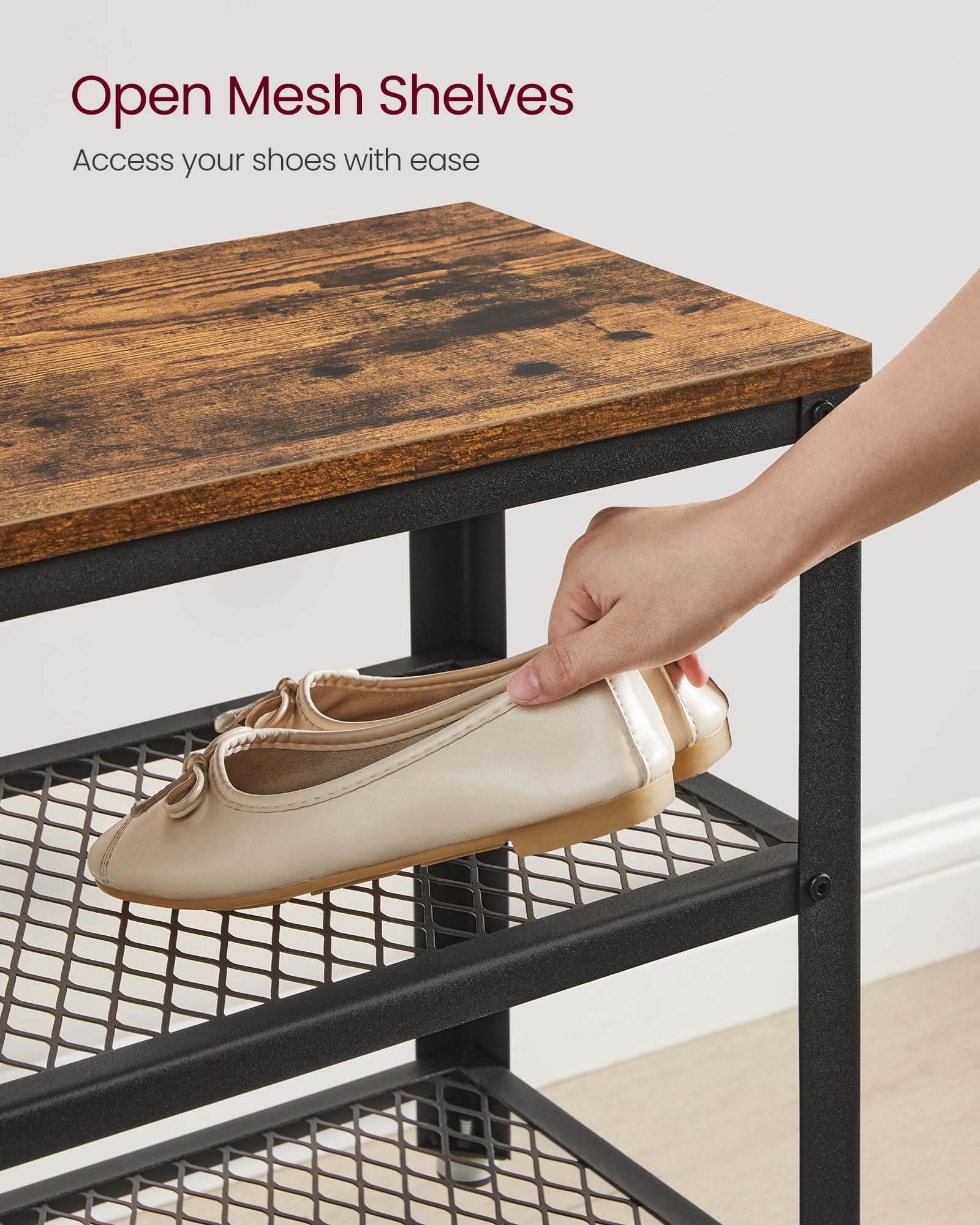 VASAGLE Shoe Storage Bench with 2 Shelves | Industrial Style | 73 cm Wide | Rustic Brown & Black 5