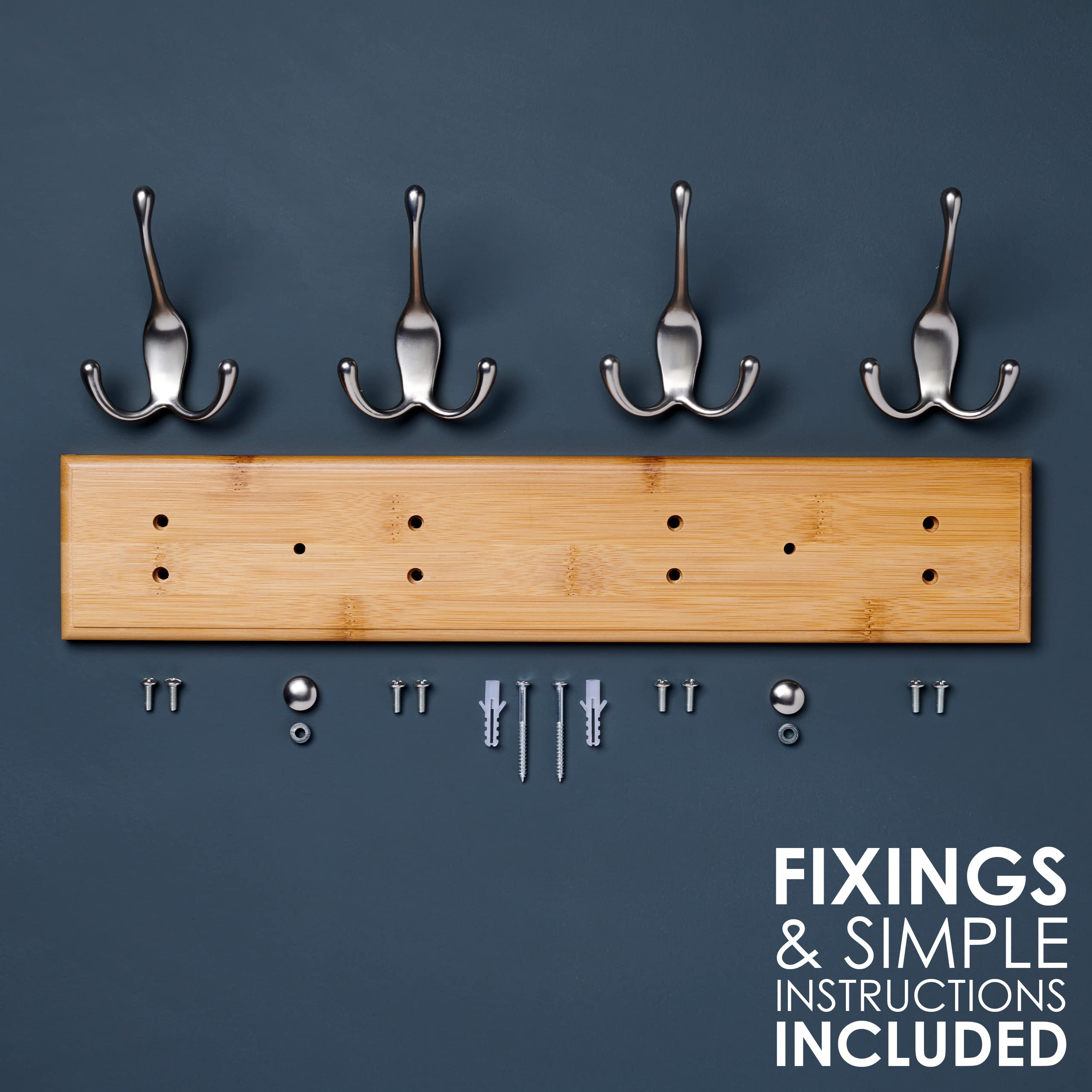 LARHN Wall-Mounted Coat Rack - 4 Matt-Nickel Triple Hooks on Bamboo Base | 42 cm Width 5