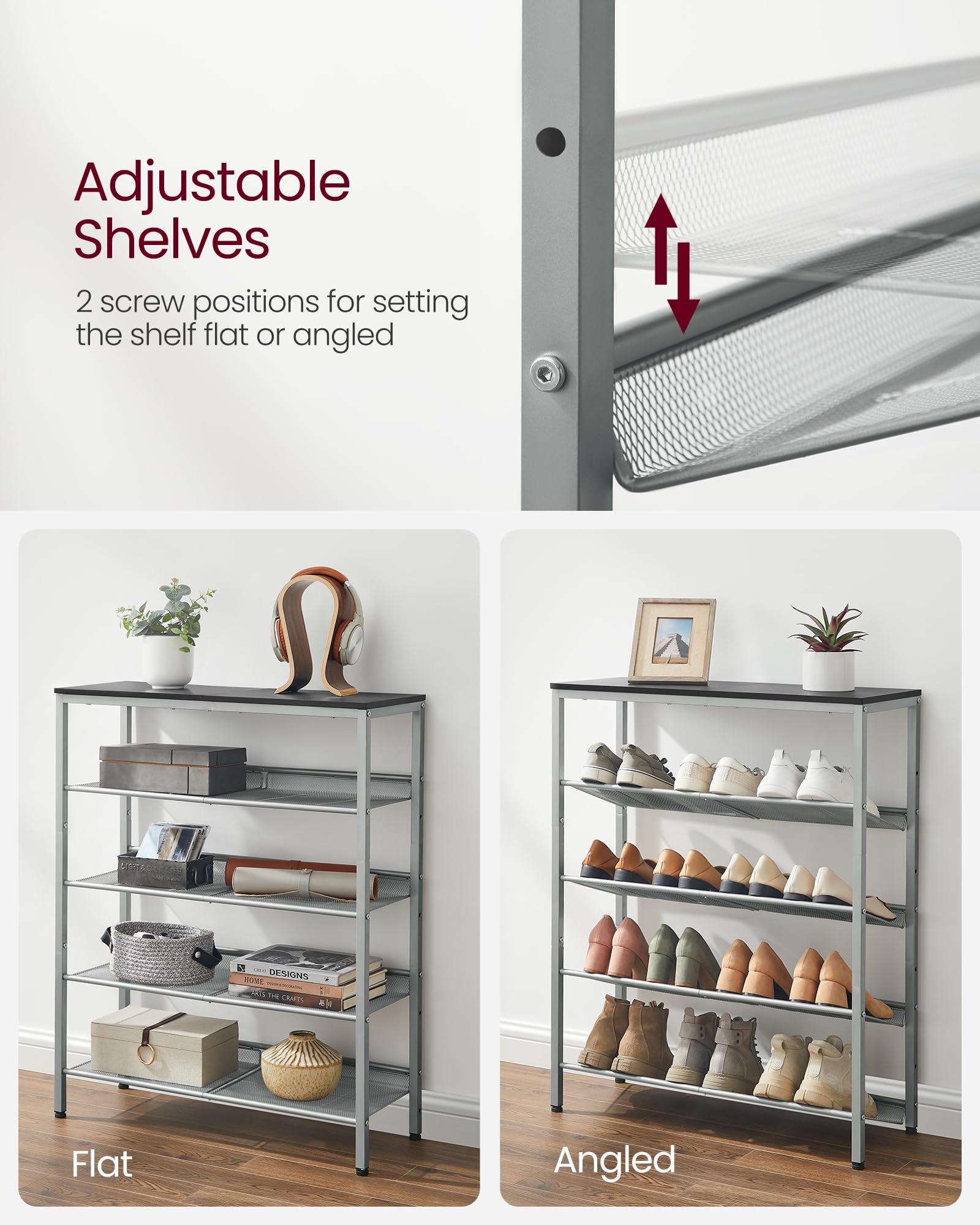 VASAGLE Shoe Rack - 5-Tier Storage with Adjustable Shelves | Industrial Design | Charcoal Grey & Silver 6