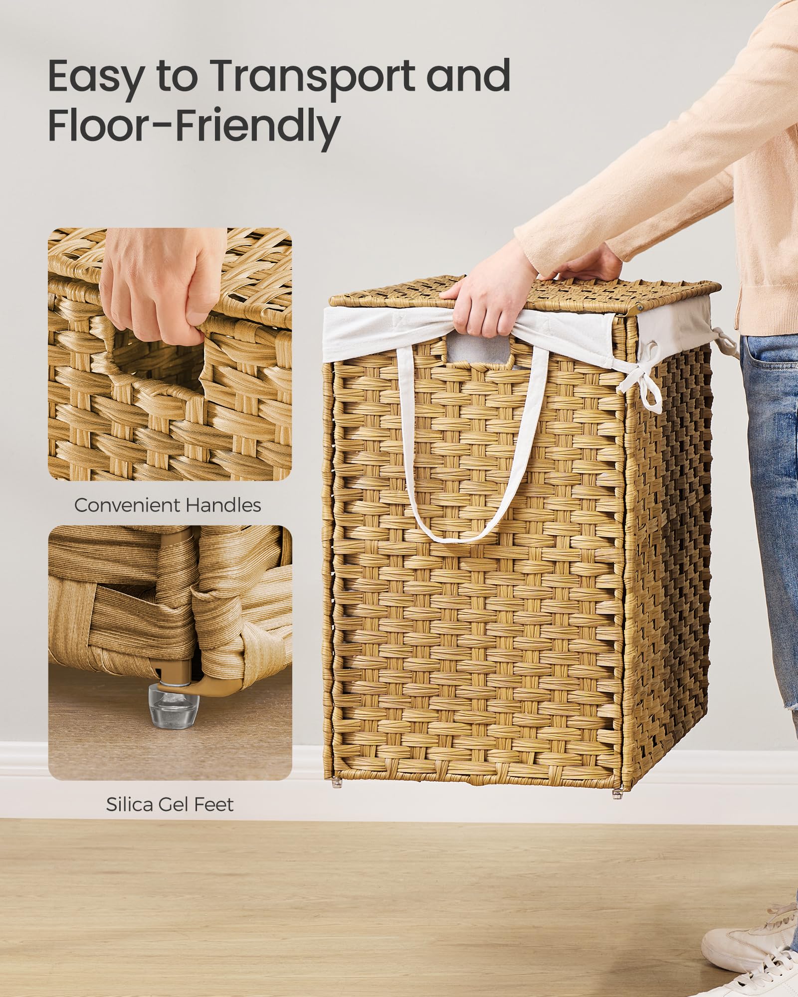 SONGMICS 200L Synthetic Rattan Laundry Basket with Lid, Handles, and Removable Liner | Natural Colour 4