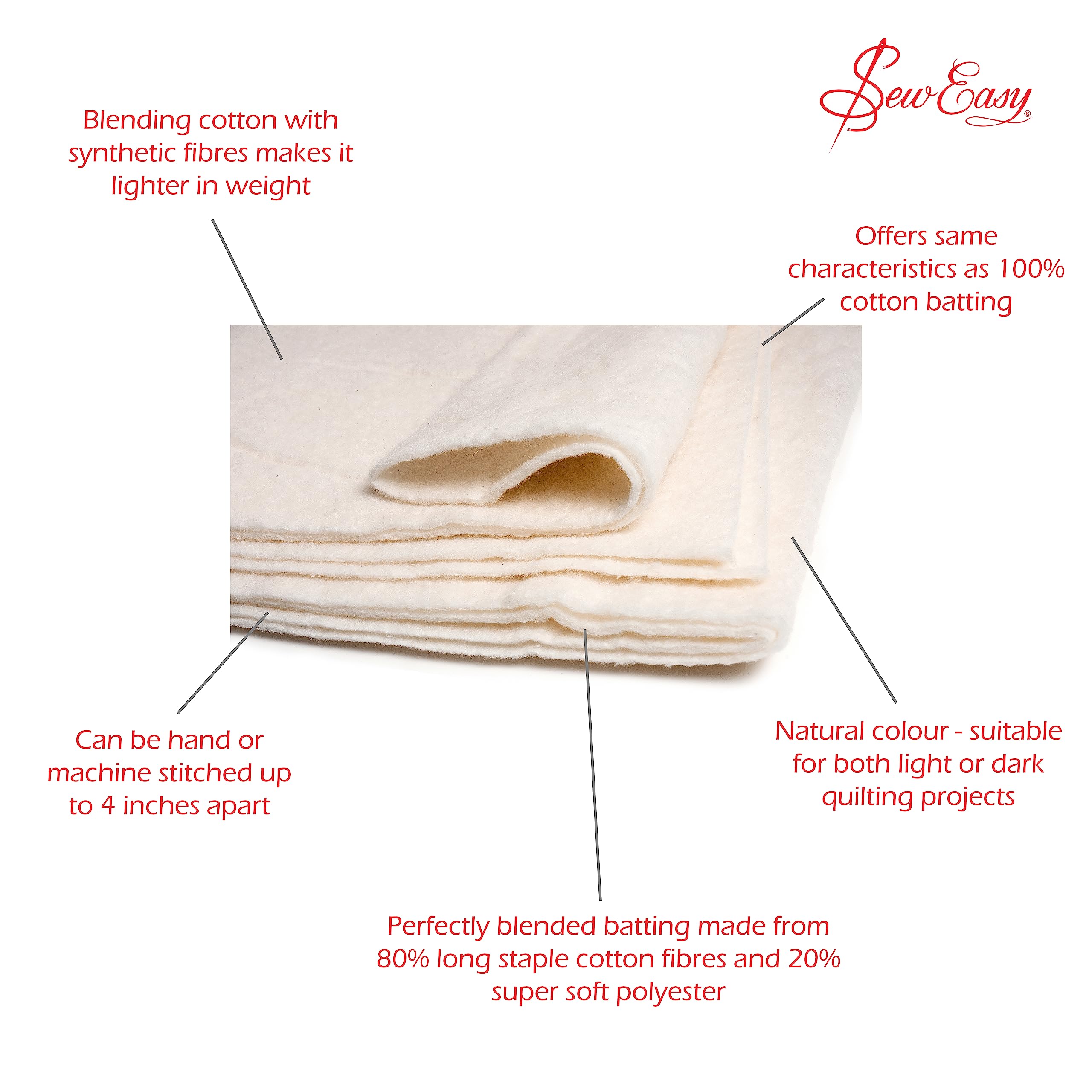 Sew Easy Quilting Batting Wadding - 80% Cotton 20% Polyester Mix | Twin Size | Washable 4