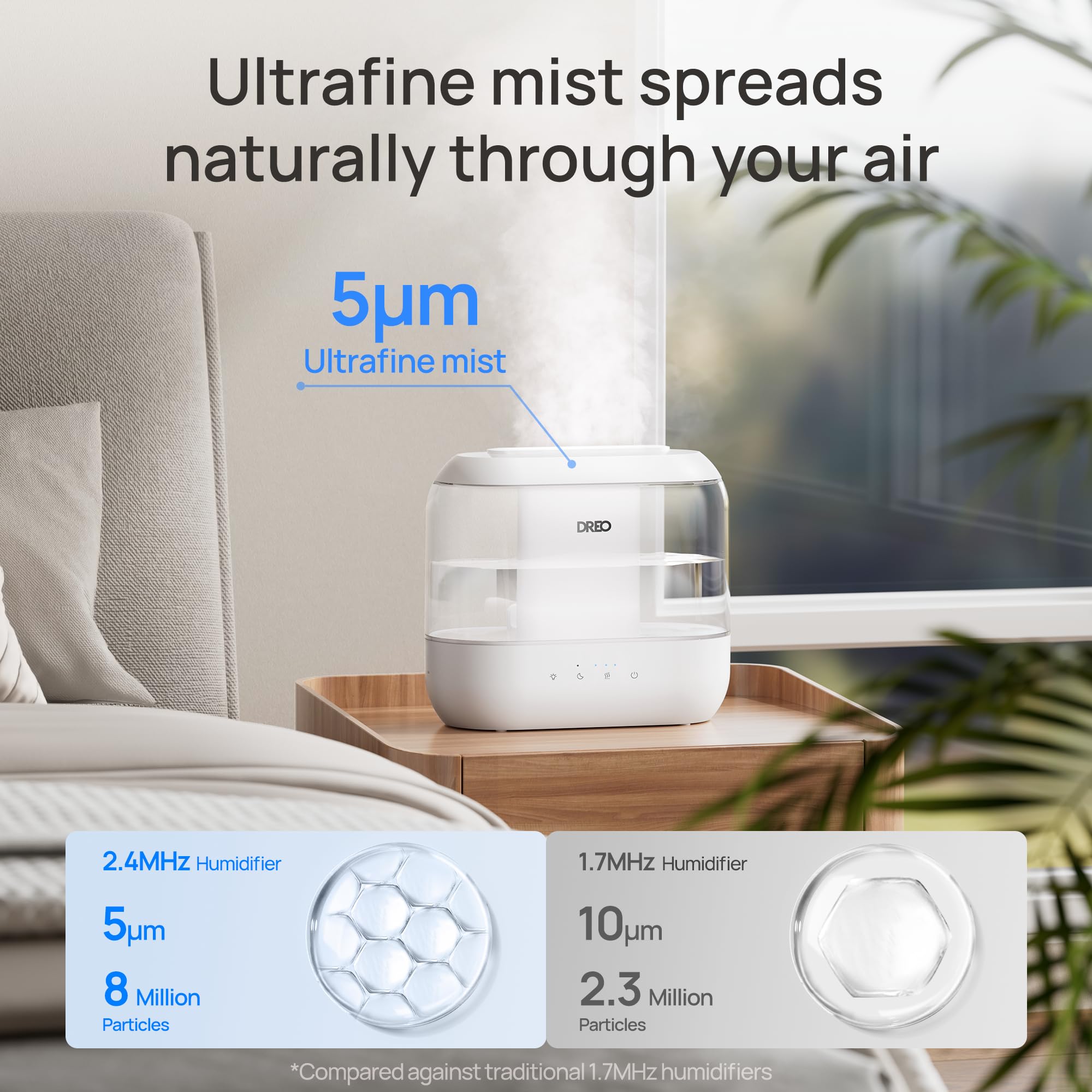Dreo 4L Cool Mist Humidifier for Bedroom Baby | 36H Runtime | 28dB Quiet Operation | Top-Fill