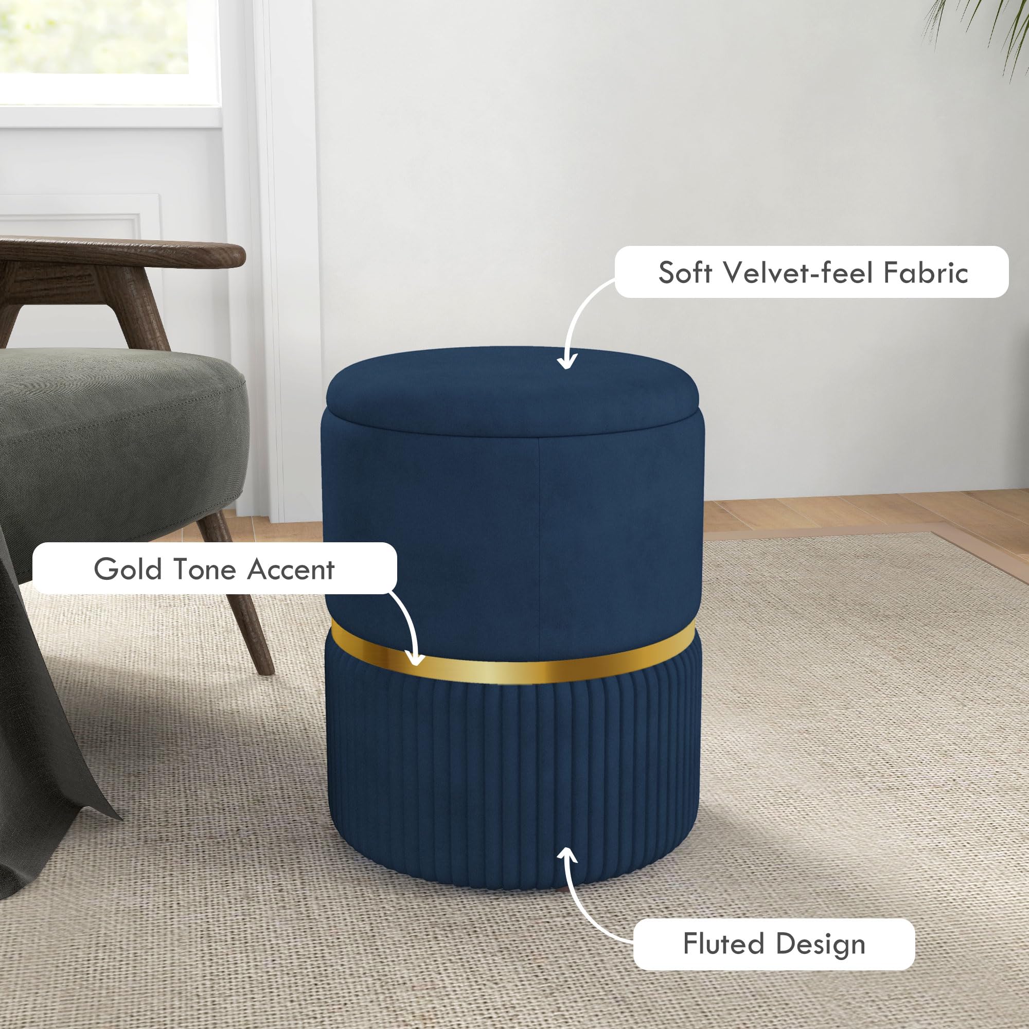 HOMCOM Round Storage Ottoman - Dark Blue Velvet-Feel Fabric | Hidden Storage | 120kg Load 5