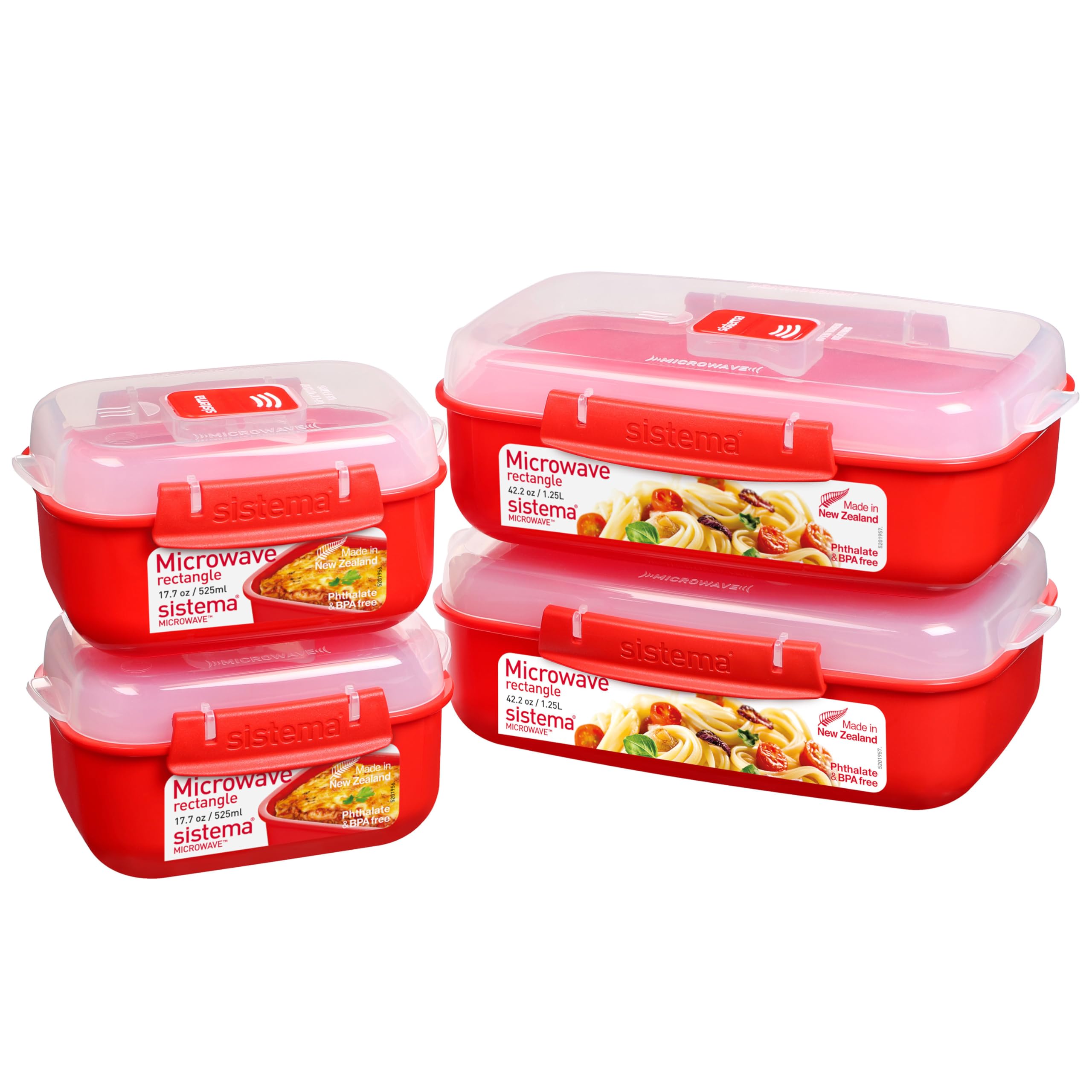 Sistema Heat and Eat Microwave Container Set - 4 Count (2 x 1.25L, 2 x 525ml) Rectangular, Red, BPA-Free 1