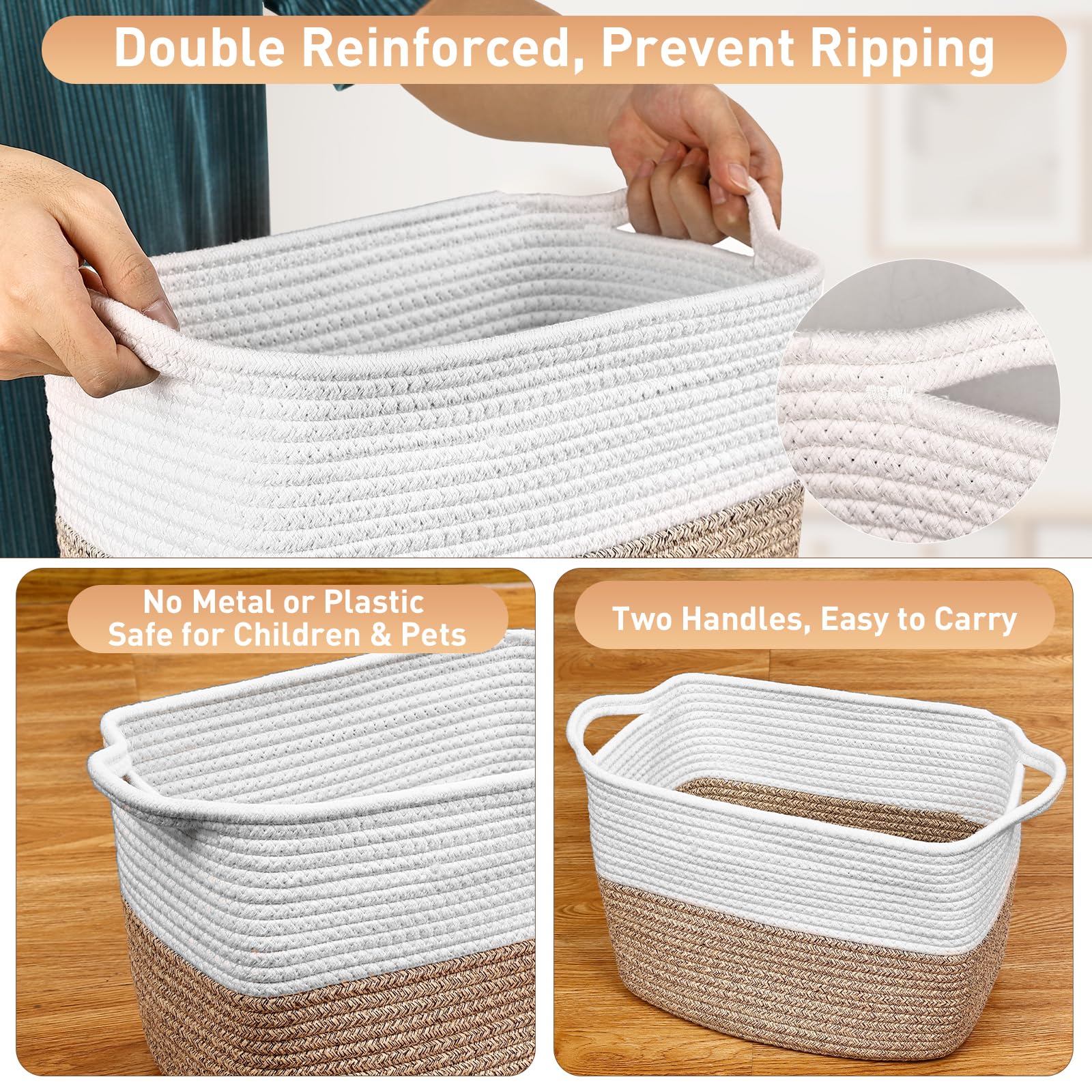 Lychico Cotton Rope Woven Shelf Basket with Handles | 33x25x22.5 cm | White & Brown 5