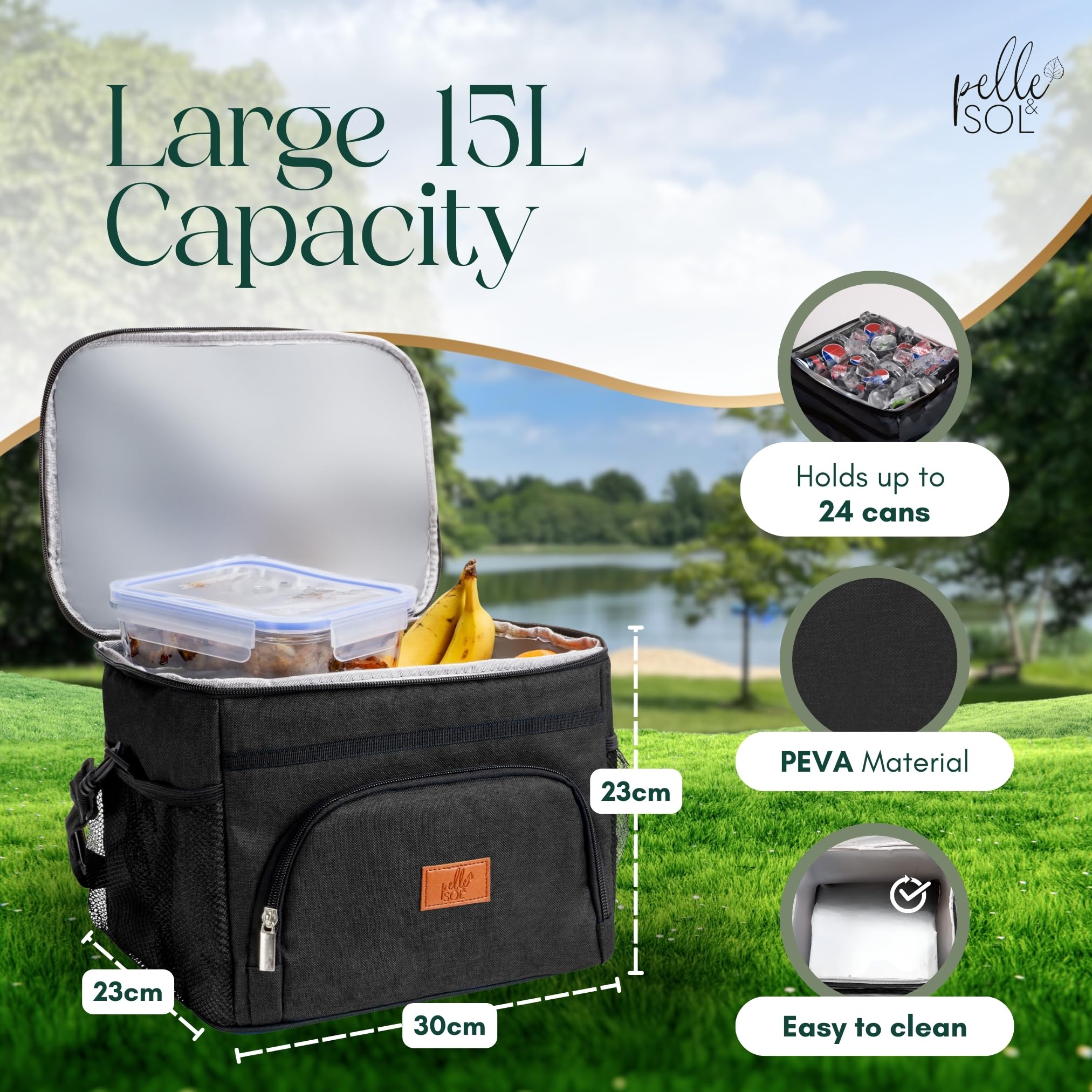Pelle & Sol 15L Insulated Lunch Bag - Cooler Tote with Strap | Oxford Fabric | Black 2