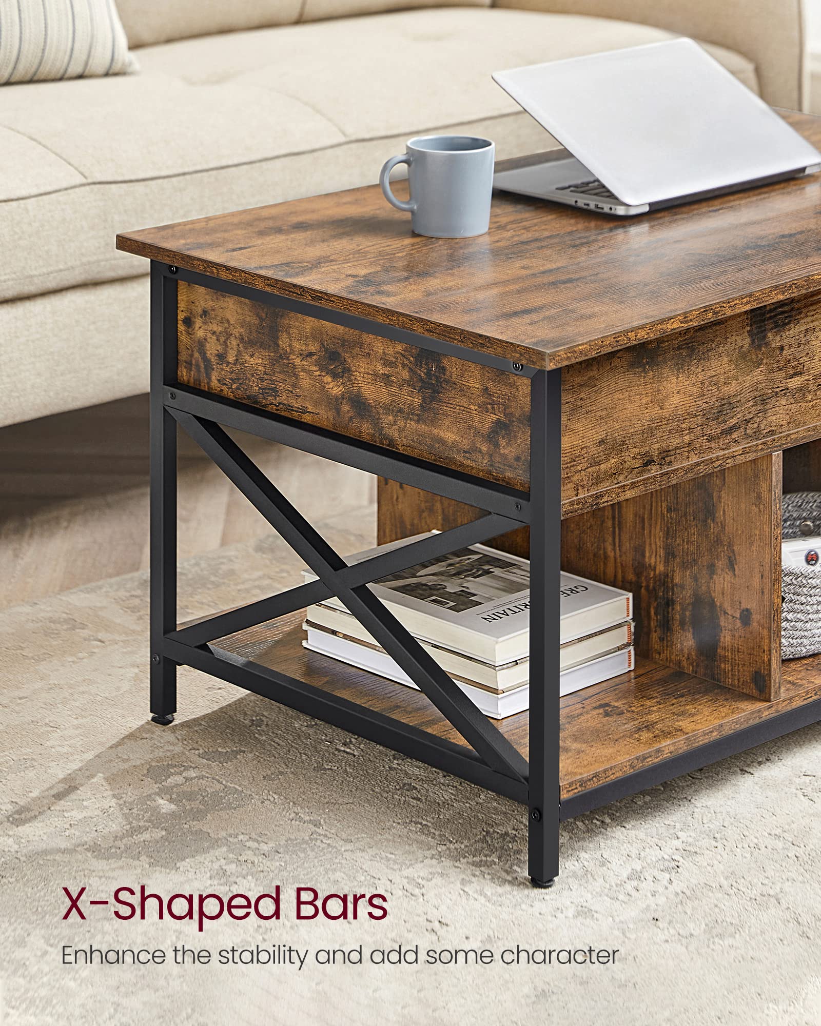 VASAGLE Lift-Top Coffee Table with Hidden Storage | Industrial Style | 60x100x52 cm 8