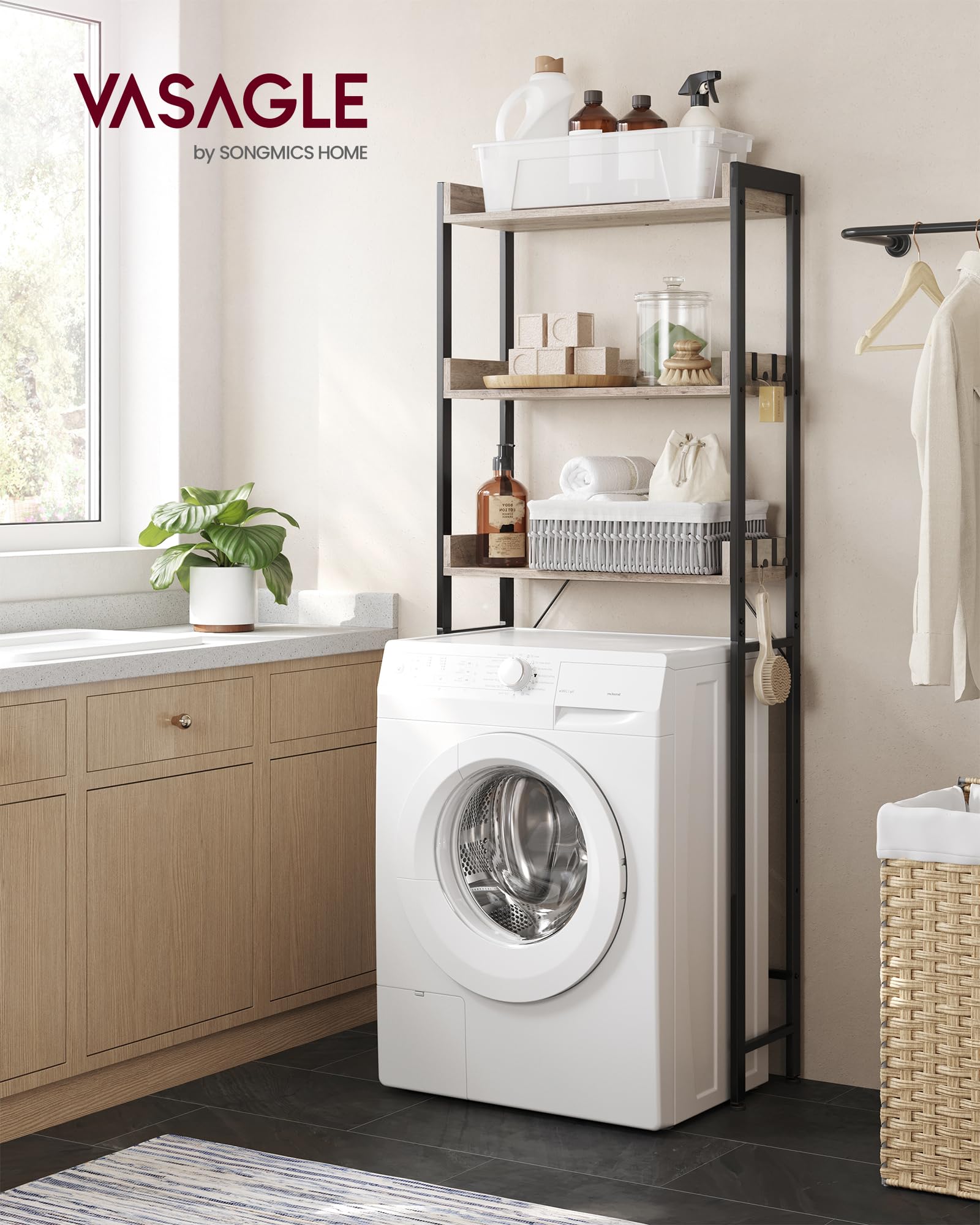 VASAGLE 3-Tier Over The Toilet Storage Rack - Space Saving, Industrial Style, Greige & Black | BTS002B02