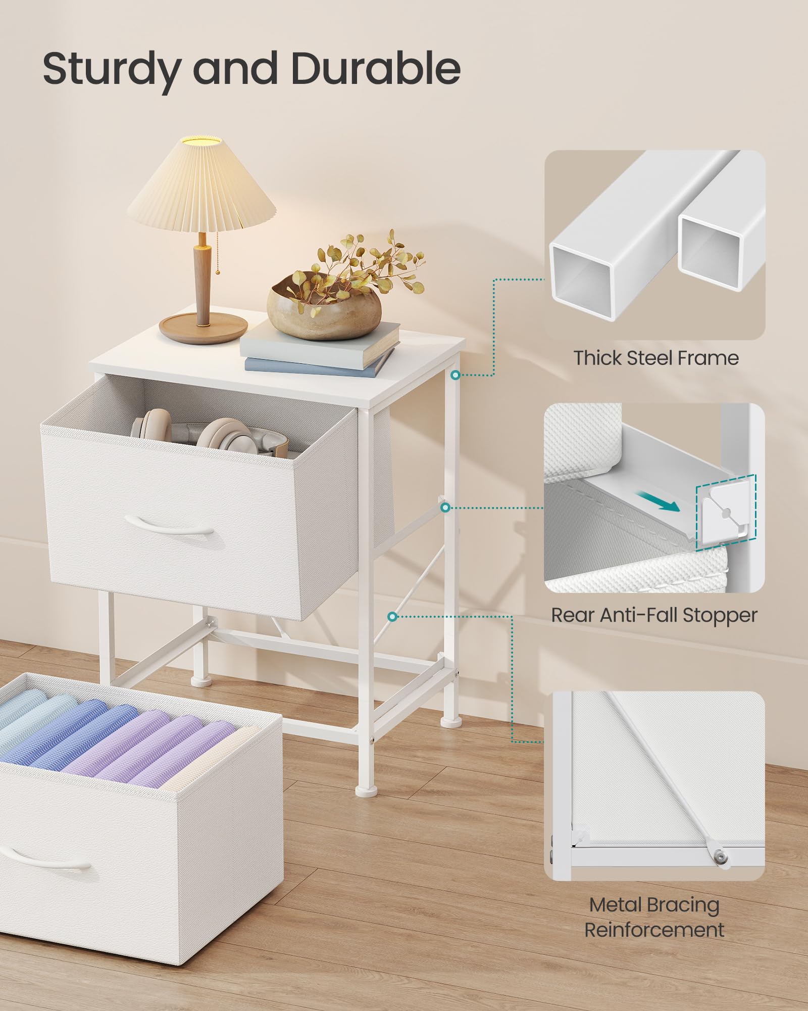 SONGMICS Bedside Table with 2 Non-Woven Fabric Drawers | Cloud White + Snow White | Steel & MDF Construction 6