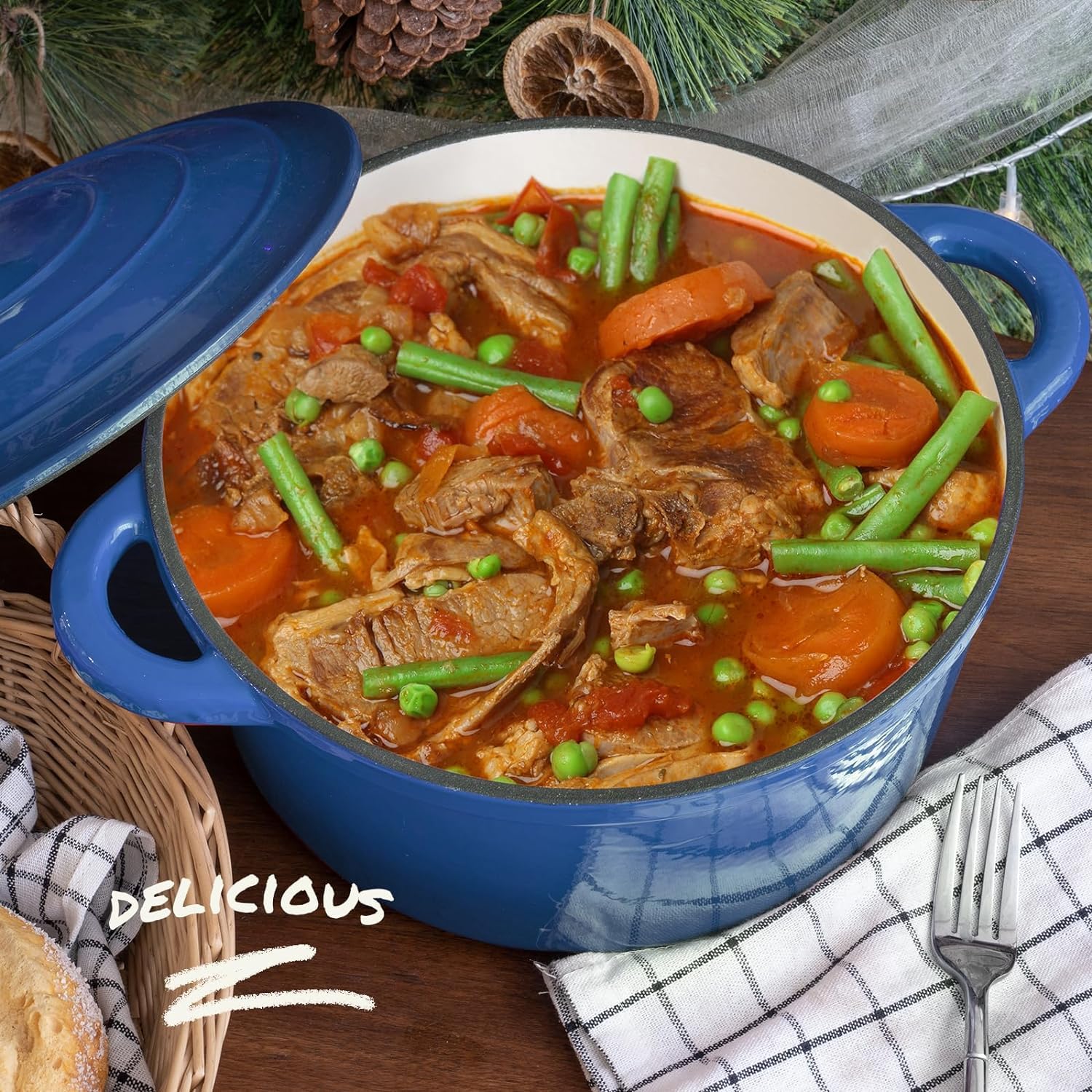 OVERMONT 26cm/5.2L Enamelled Cast Iron Round Casserole Dish with Lid | 5.5 Quart | Sapphire Blue 3