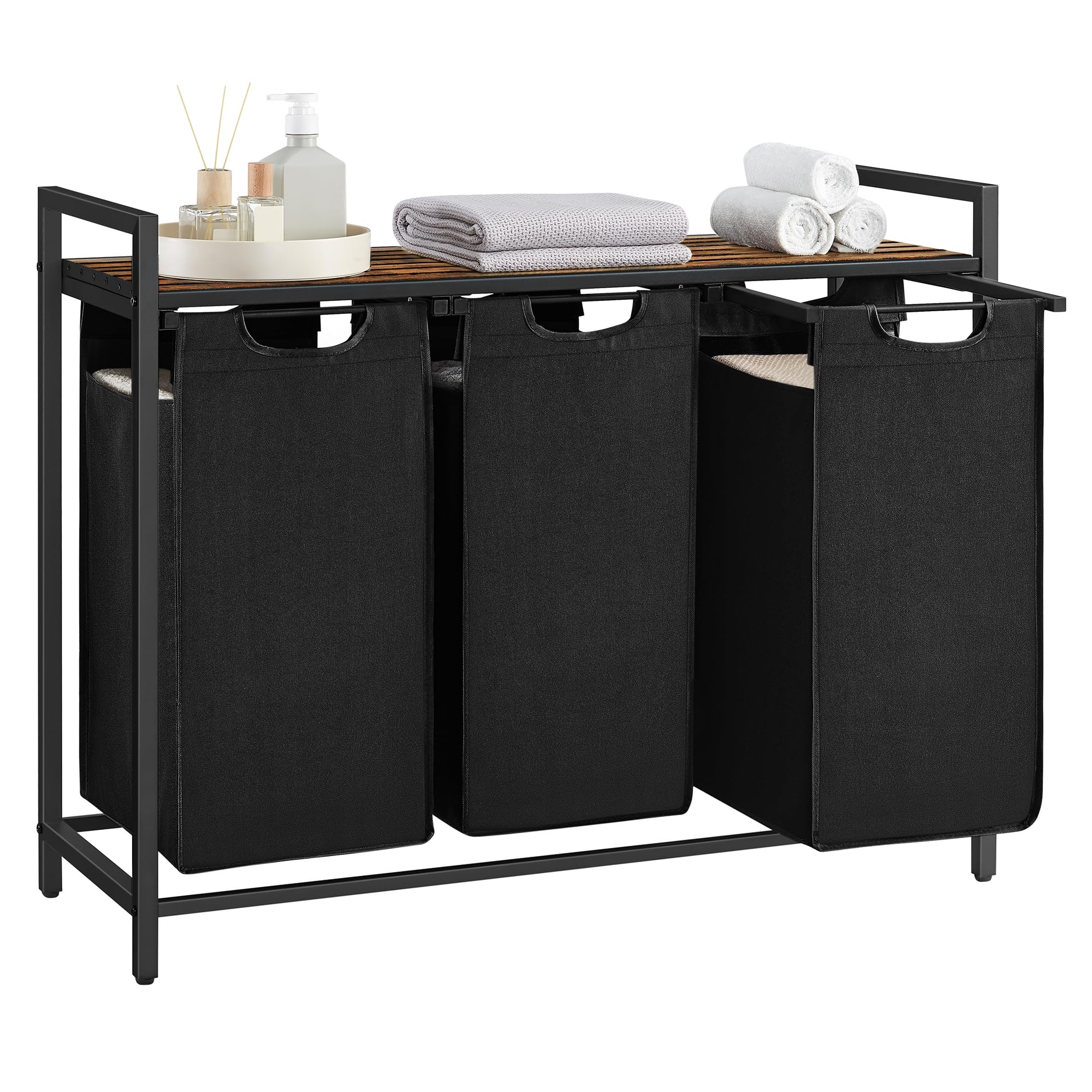 VASAGLE 3-Compartment Laundry Hamper with Pull-Out Liners | 120 L Capacity | Rustic Brown + Black