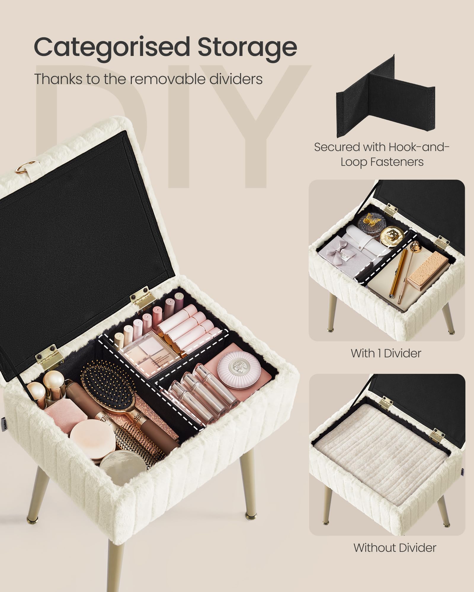 SONGMICS Vanity Stool with Storage - Cream White | 30x40x50 cm | Supports 200 kg 5