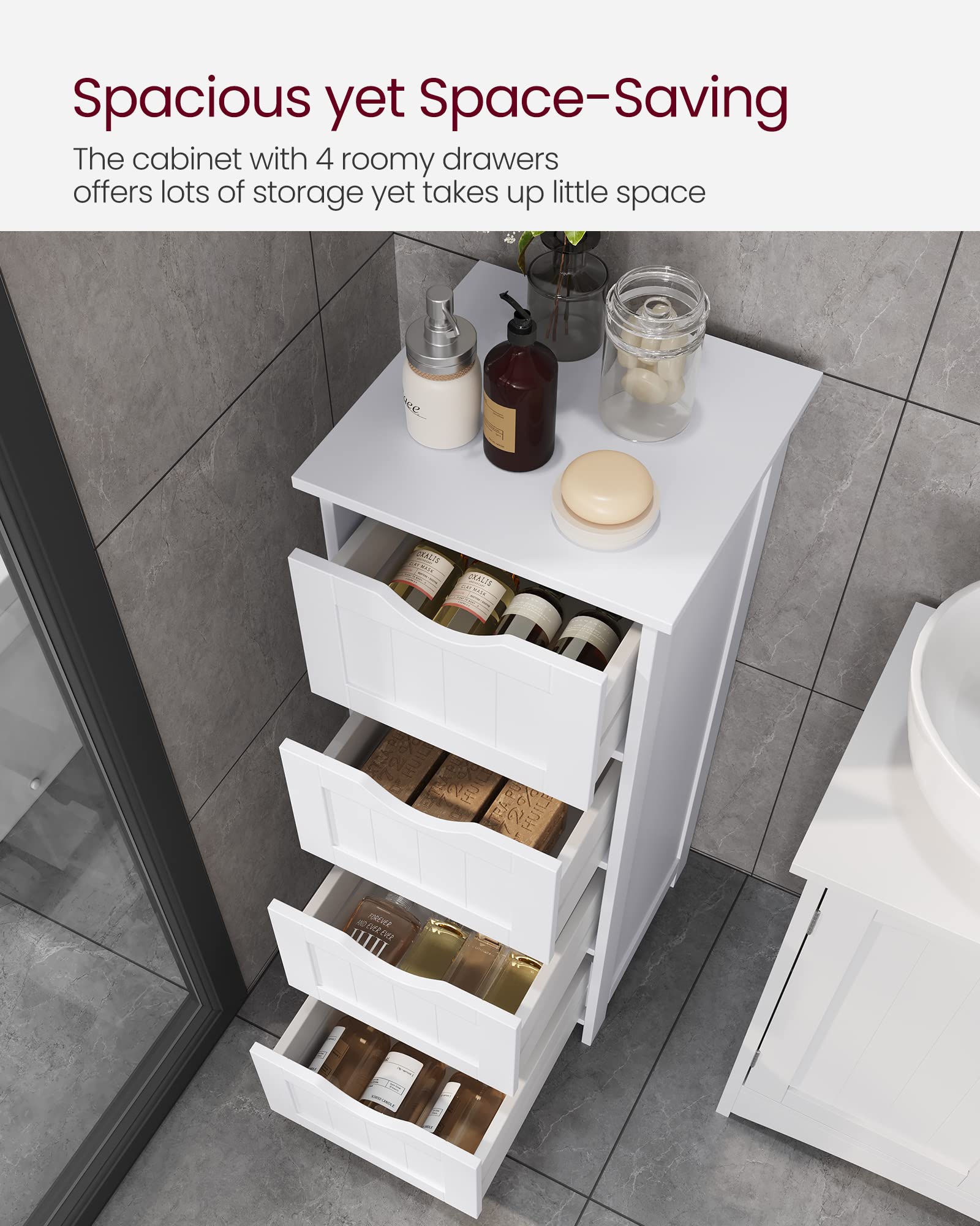 VASAGLE Bathroom Floor Storage Cabinet - 4 Drawers, Modern Style, White | 30 x 30 x 82 cm 4