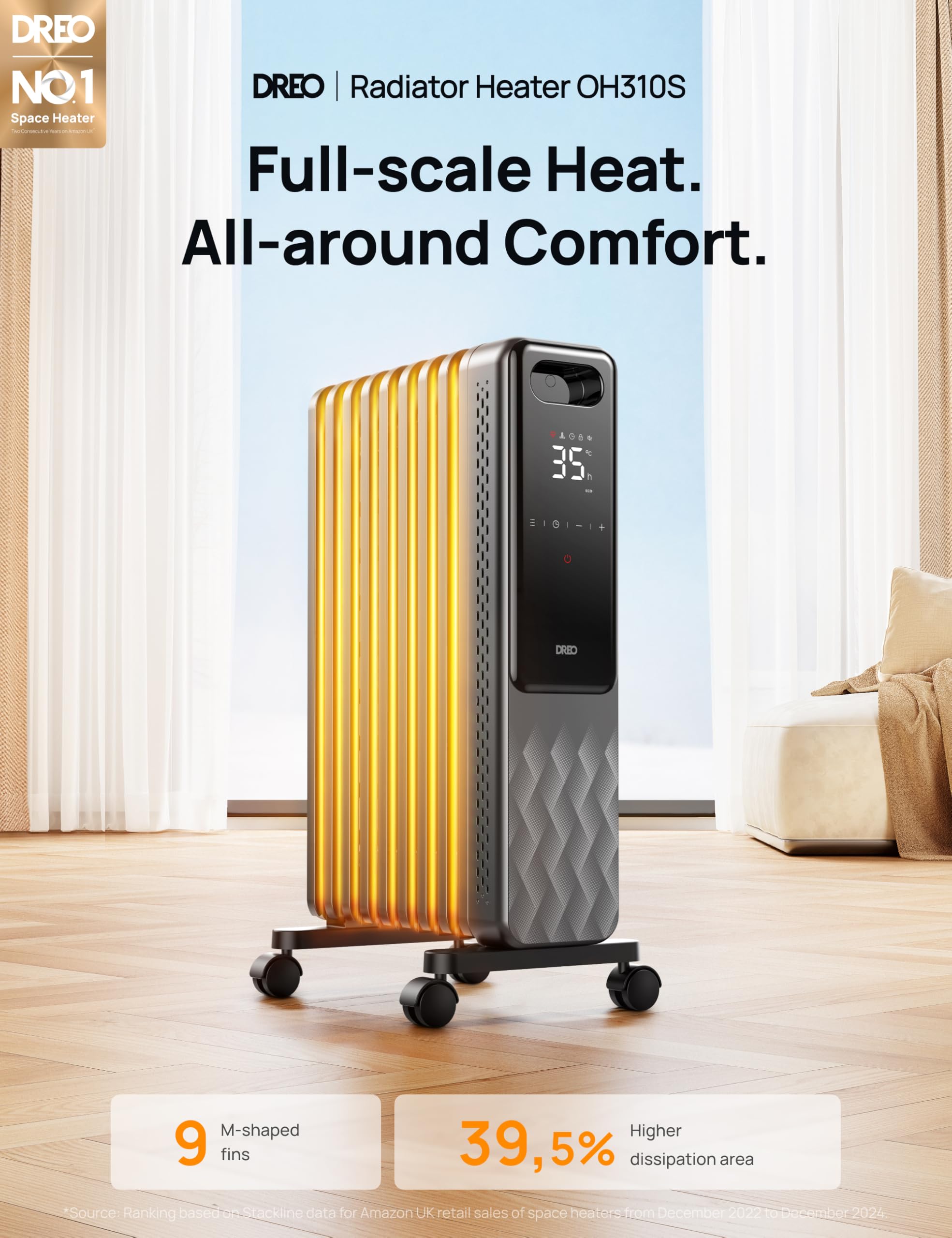 Dreo Smart 9 Fins Oil Filled Radiator Heater, 2000W Silent Electric Heater with WiFi Control | Grey