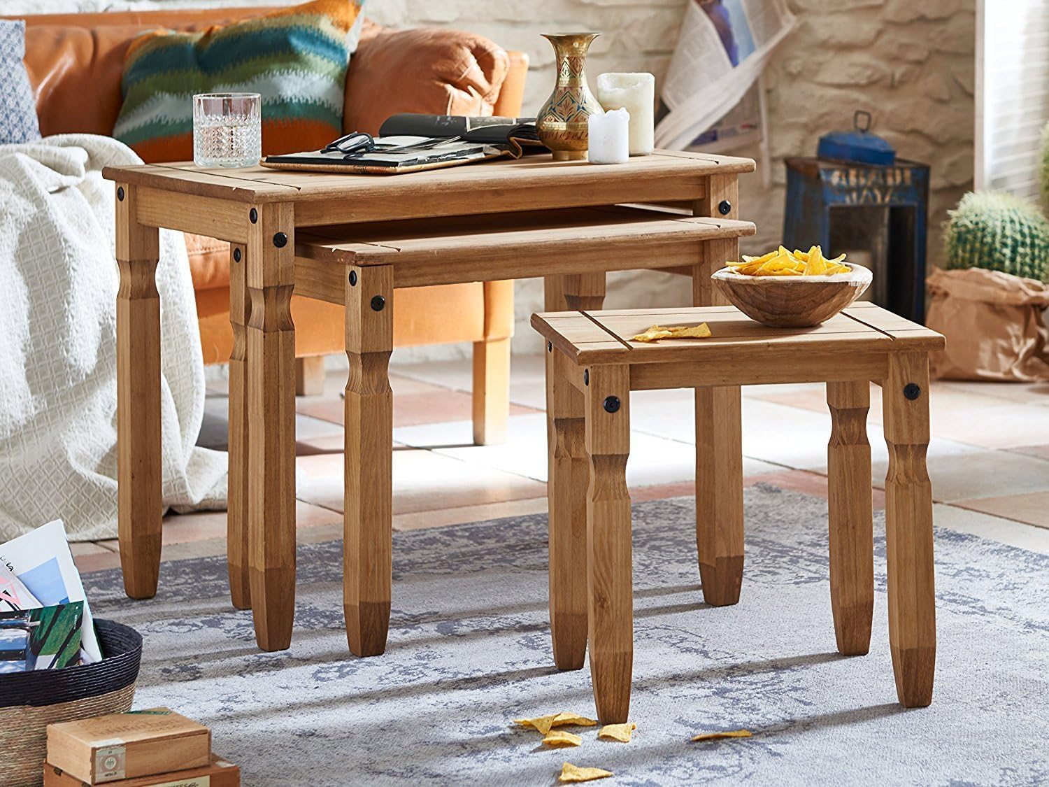 Mews Corona Nest of Tables - Solid Pine, Wax Finish, Black Metal Hardware | (W) 53cm 5