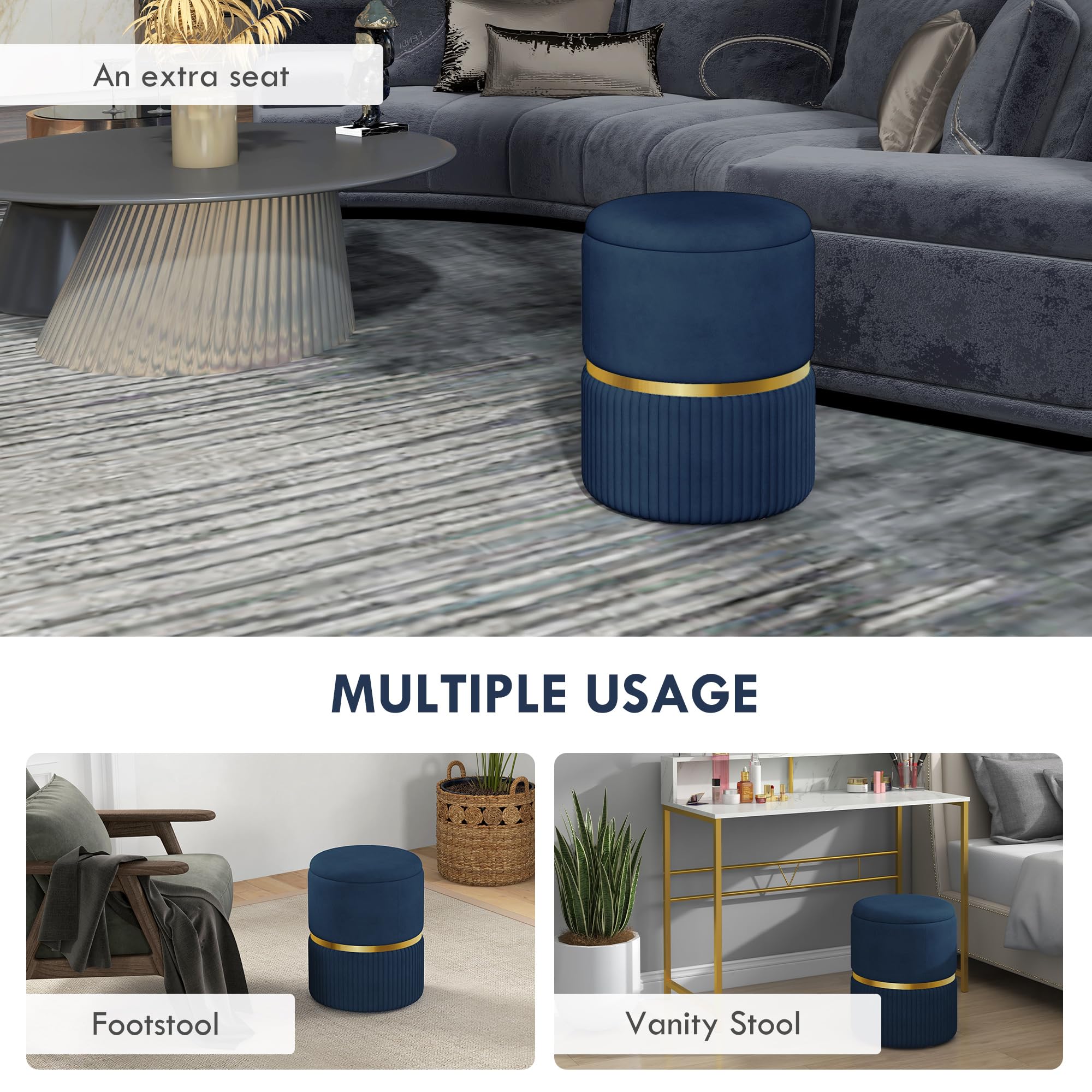 HOMCOM Round Storage Ottoman - Dark Blue Velvet-Feel Fabric | Hidden Storage | 120kg Load 6