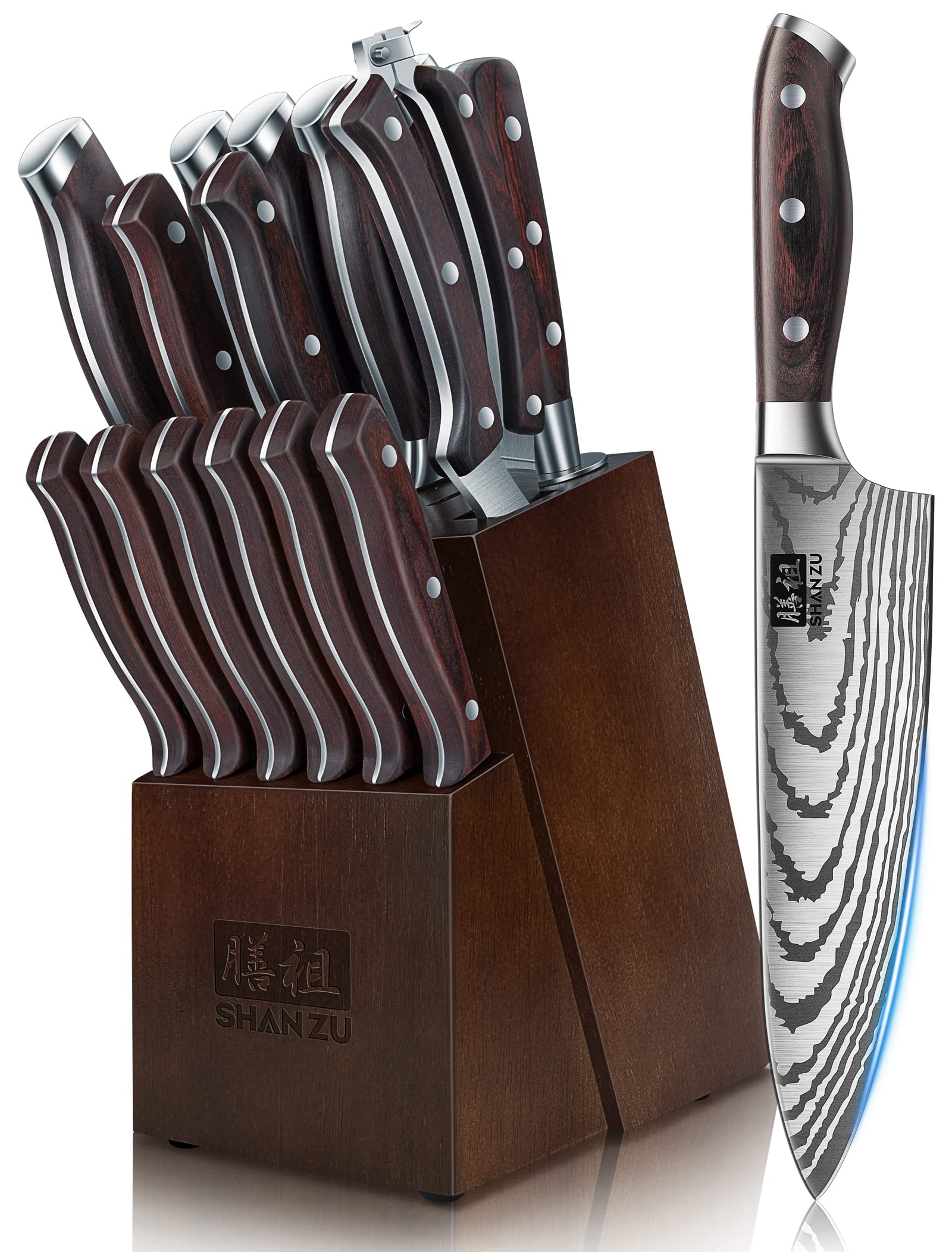 SHAN ZU 16-Piece Japanese Kitchen Knife Set with Block | High Carbon Stainless Steel | Laser Engraved