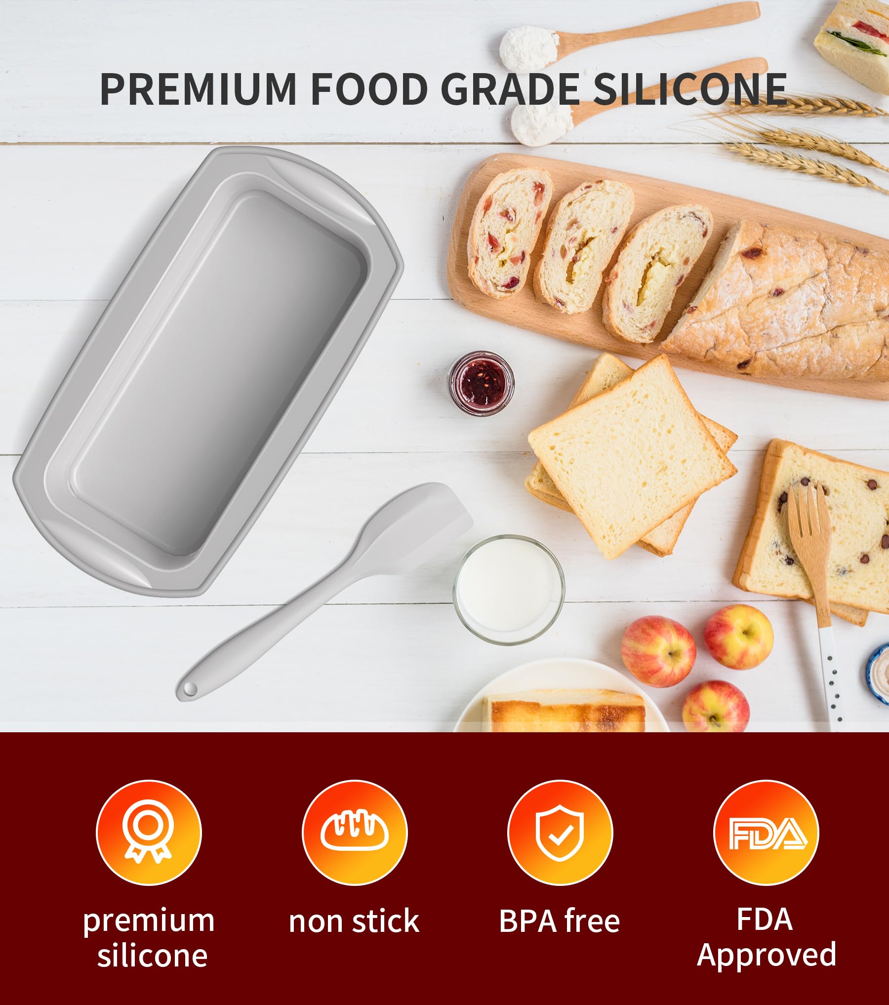 Ankway Silicone Loaf Tin with Dough Scraper, 2 Pack Non-Stick Bread Pans, Gray | Oven & Freezer Safe 3