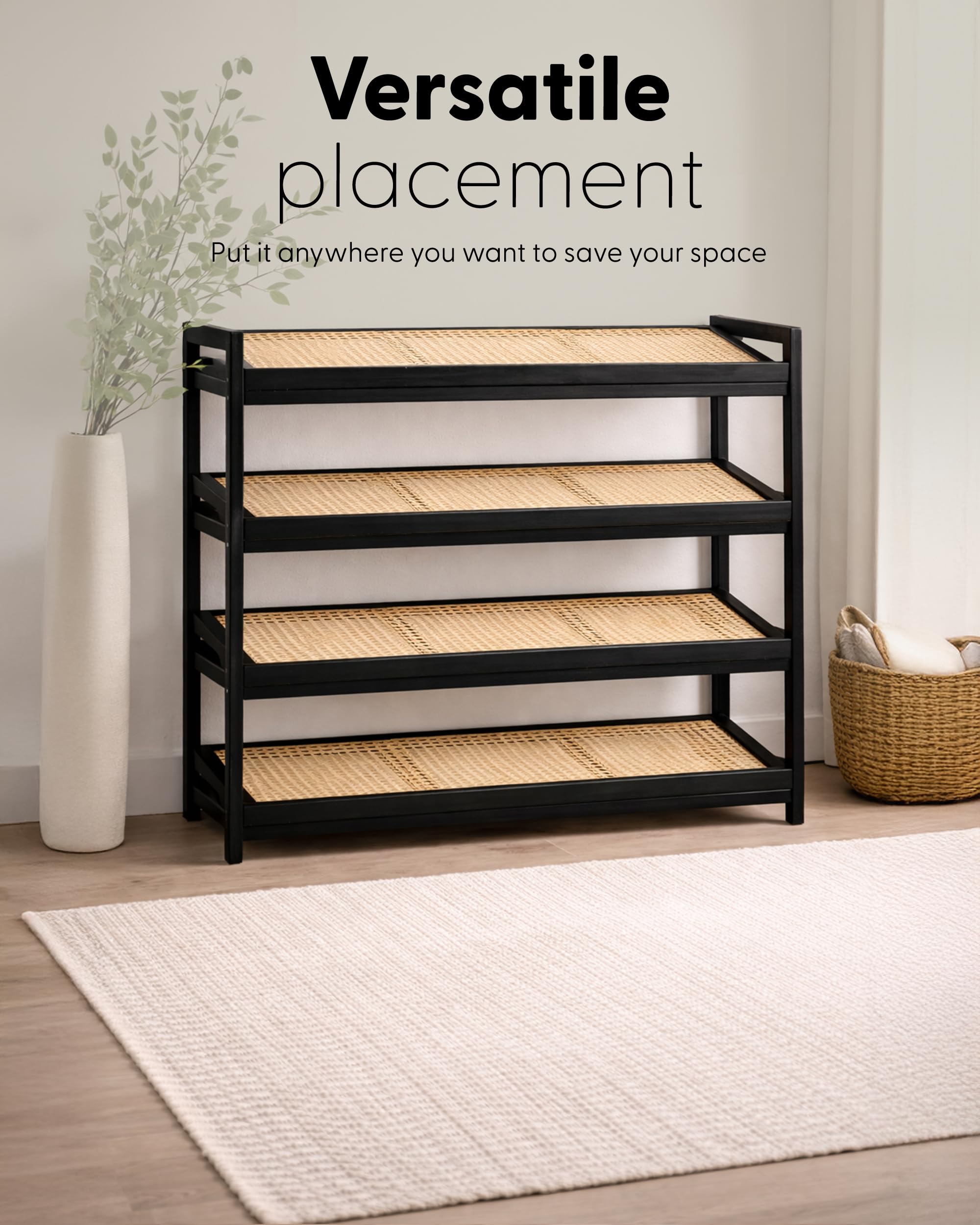 KEPLIN 4 Tier Bamboo and Rattan Shoe Rack - Natural/Black | 70x29x75 cm | Holds 12 Pairs 5