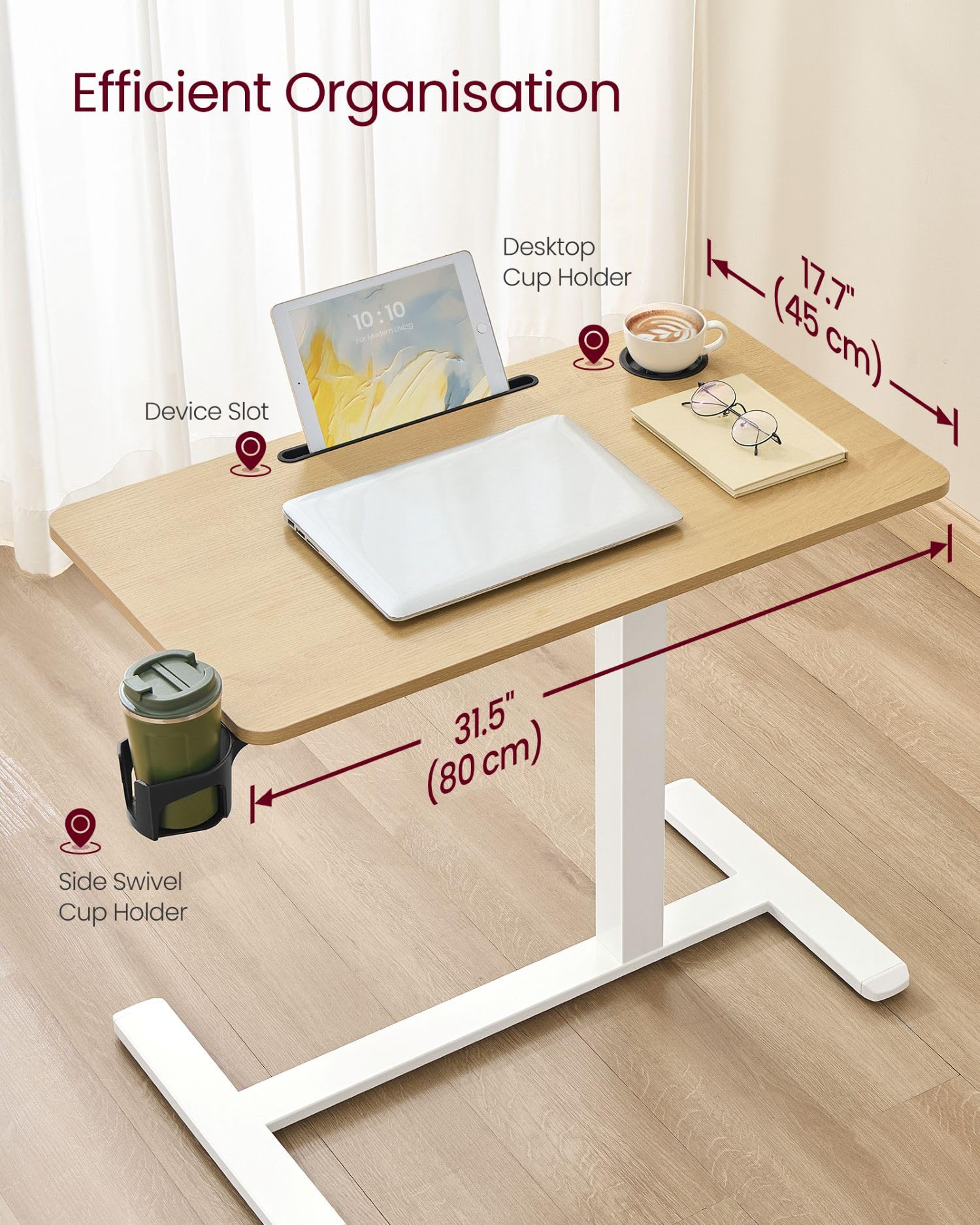 VASAGLE Adjustable Height Overbed Table with Wheels | 80 x 45 cm Top | Golden Oak