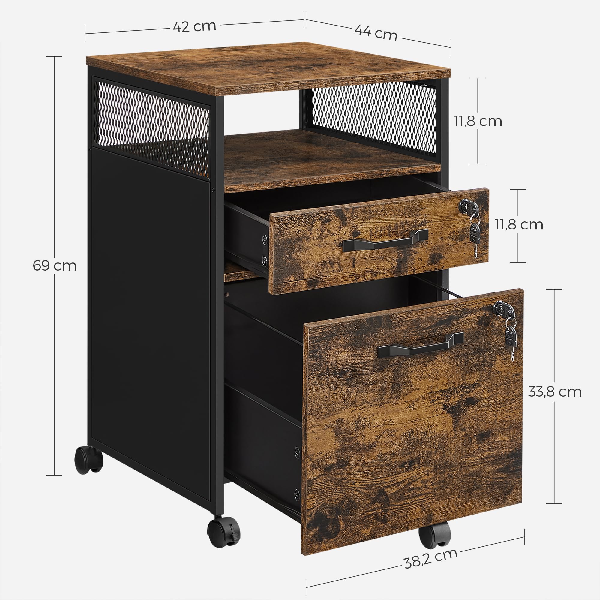 VASAGLE Mobile File Cabinet with 2 Lockable Drawers | Rustic Brown + Black | 44x42x69 cm 3