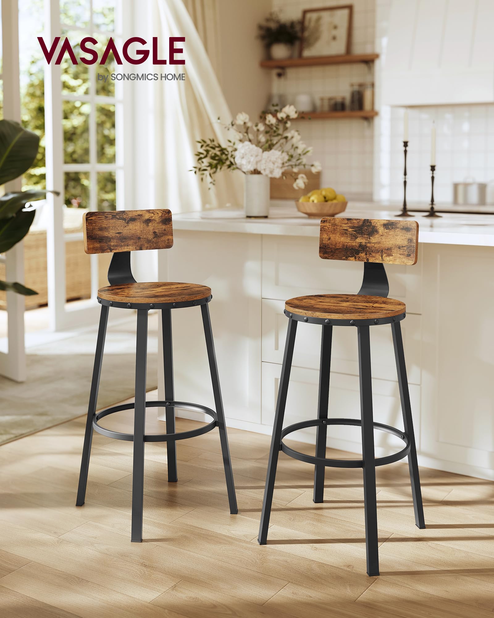 VASAGLE Bar Stools Set of 2 - Industrial Style with Backrest | Rustic Brown & Black | 100kg Capacity 2