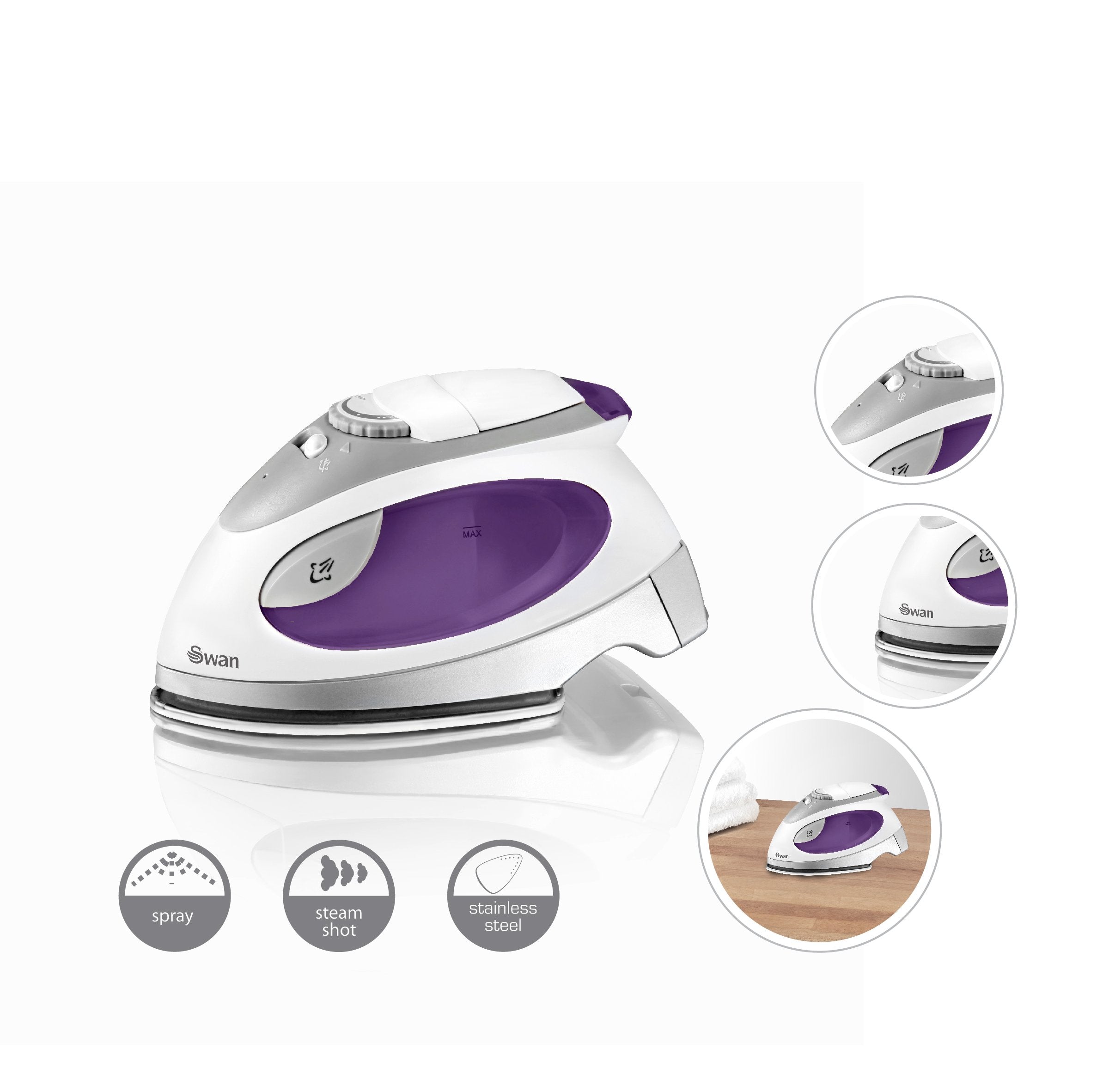 Swan SI3070N Travel Iron - 900W Power | Variable Temperature | Stainless Steel Soleplate | Purple 5