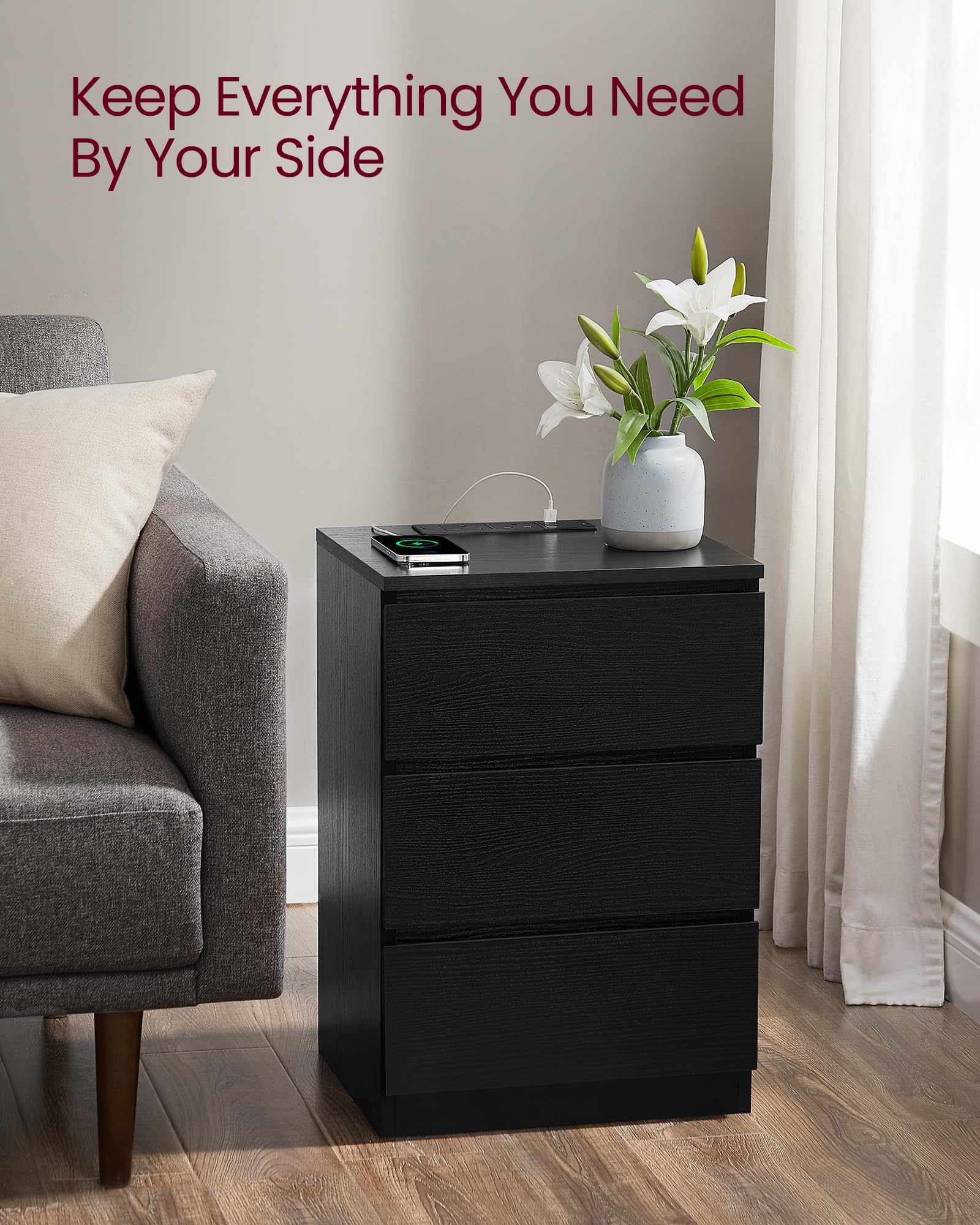VASAGLE KAILYN Collection - Bedside Tables with Power Strip, Set of 2 | Ebony Black 8