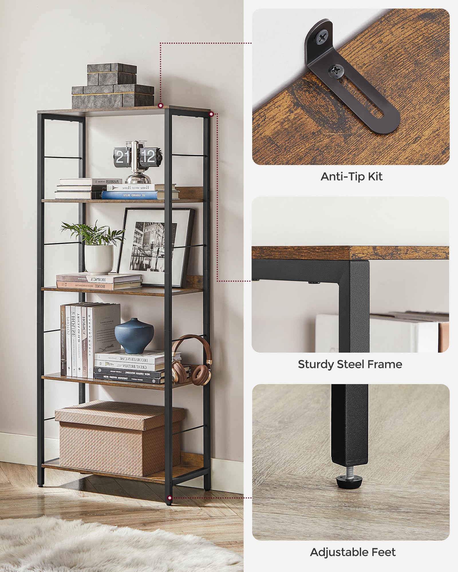 VASAGLE 5-Tier Bookcase - Rustic Brown/Ink Black | 30 x 60 x 144 cm | Supports 37 kg per Shelf 8