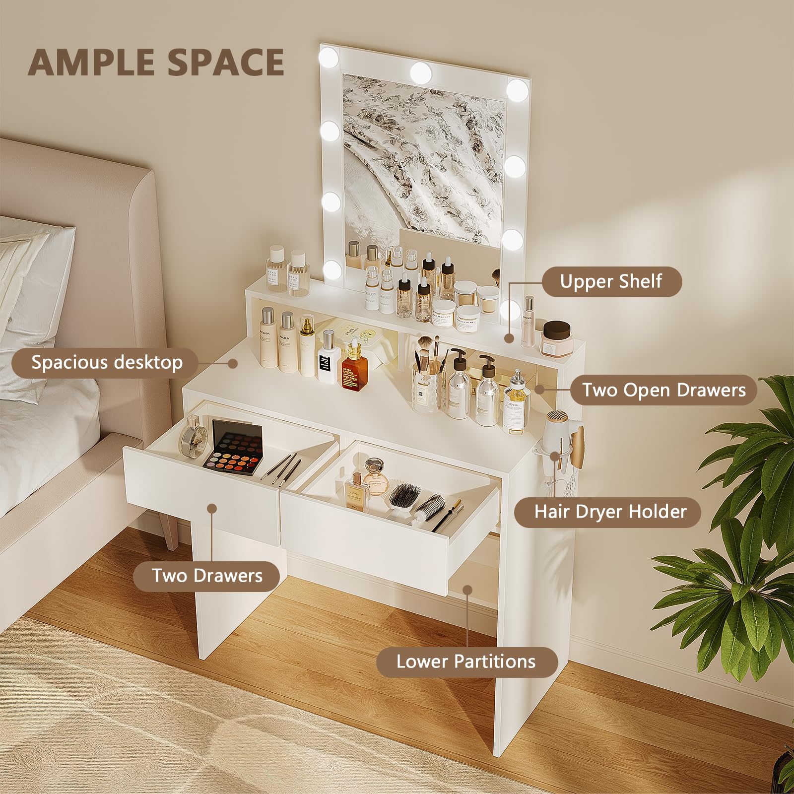 JUMMICO Dressing Table with LED Mirror, 2 Drawers, Hairdryer Stand | 80 x 40 cm White Finish 3
