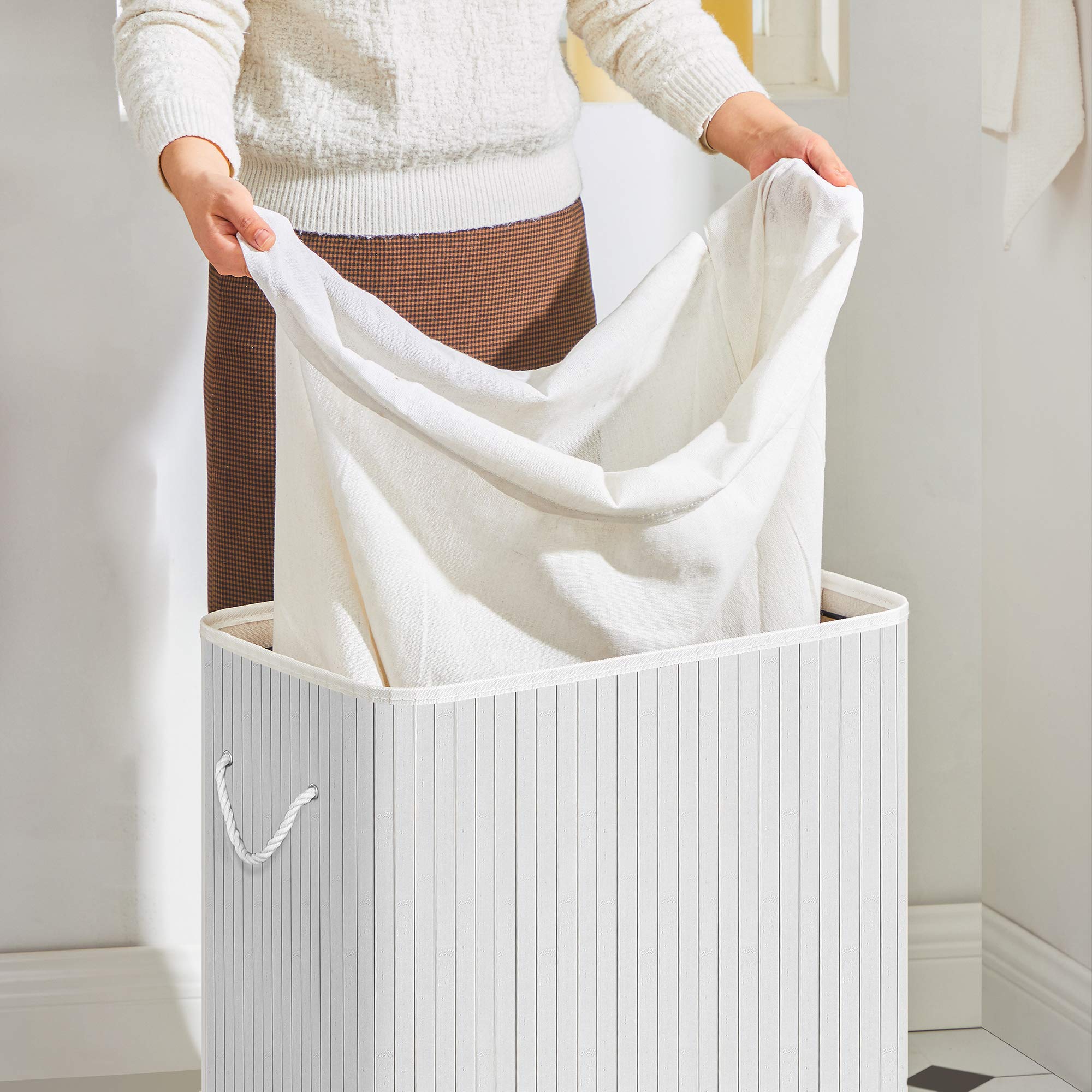 SONGMICS Bamboo Laundry Basket with Lid - 100L Capacity | 2 Sorting Compartments | Removable Liner 4