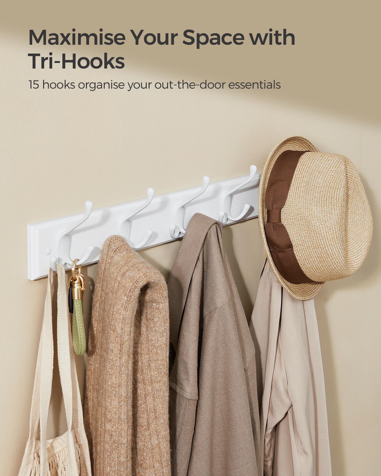 SONGMICS Wall-Mounted Coat Rack - 5 Metal Tri-Hooks, Cloud White | MDF & Zinc Alloy | 4kg Per Hook 3