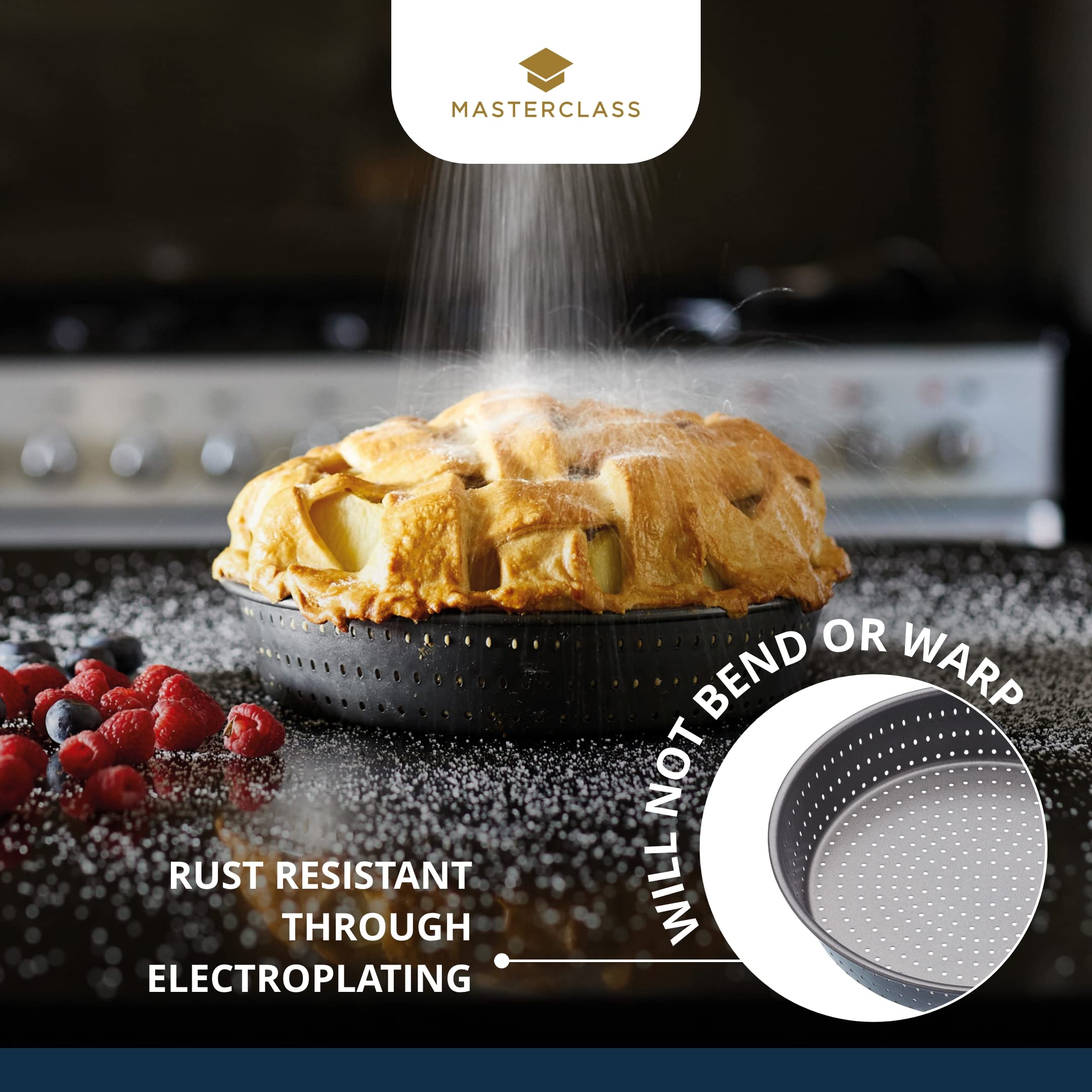 MasterClass Crusty Bake 23 cm Deep Perforated Pie Dish | 9 Inch Round Tin | PFOA Non-Stick Steel 6