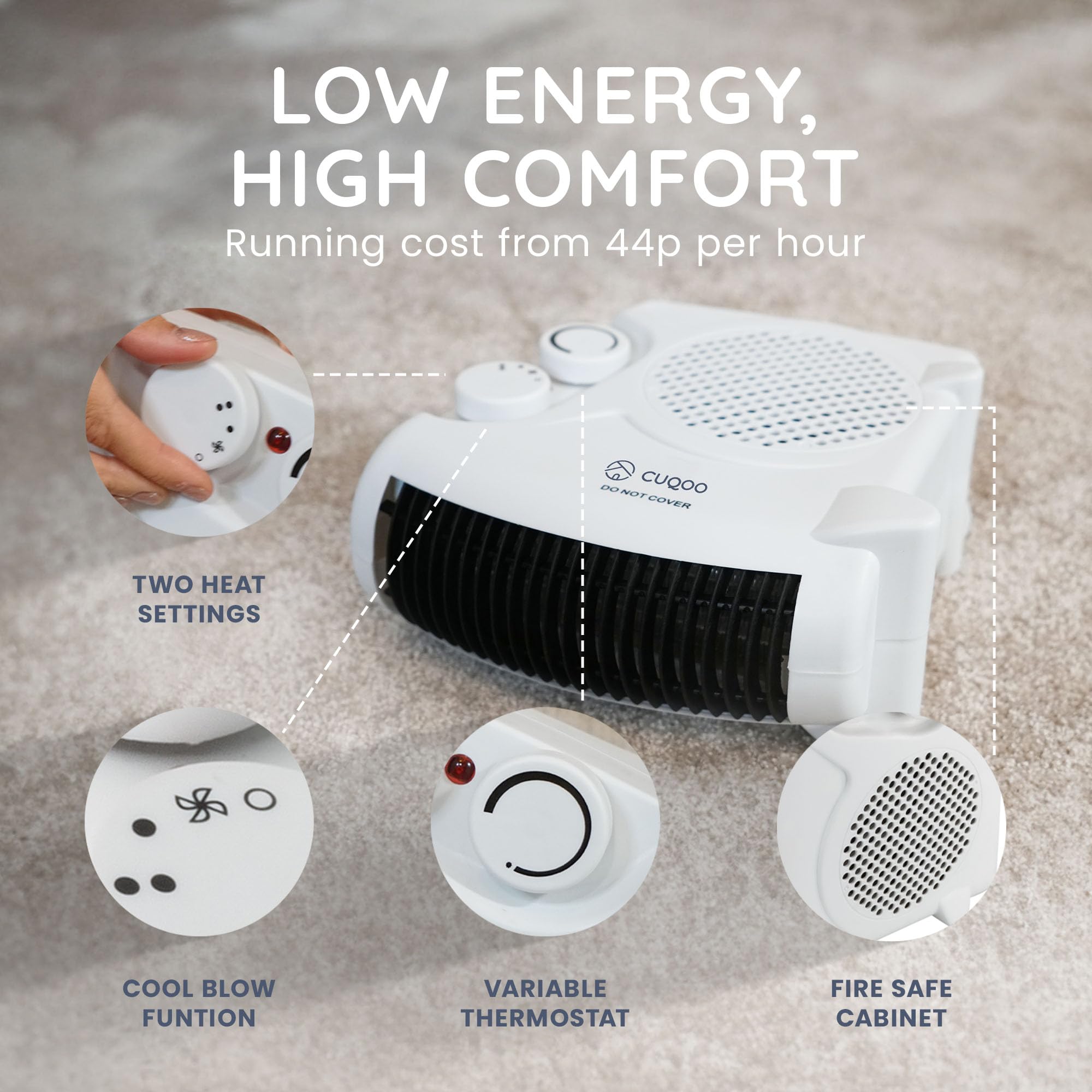 CUQOO 2KW Electric Fan Heater - 2 Heat Settings (1000W/2000W) & Cool Function | White Upright 7
