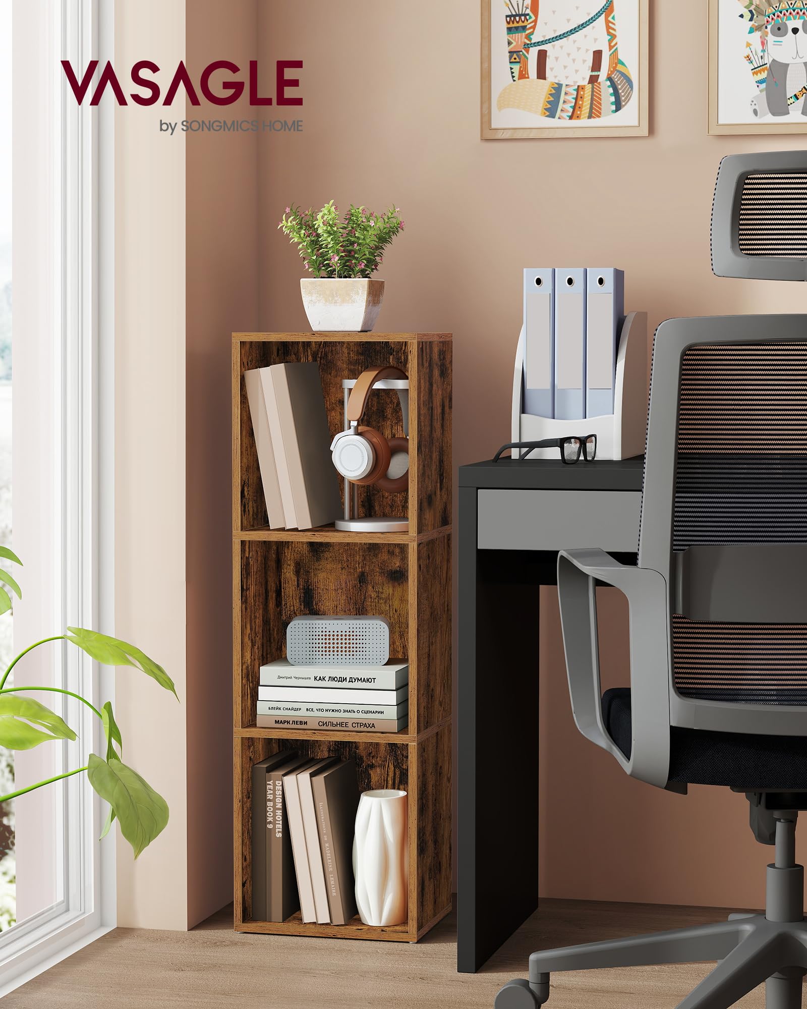 VASAGLE CUSTOS Collection Bookshelf - 3-Tier Cube Storage | Rustic Brown | 94.8cm Height 2