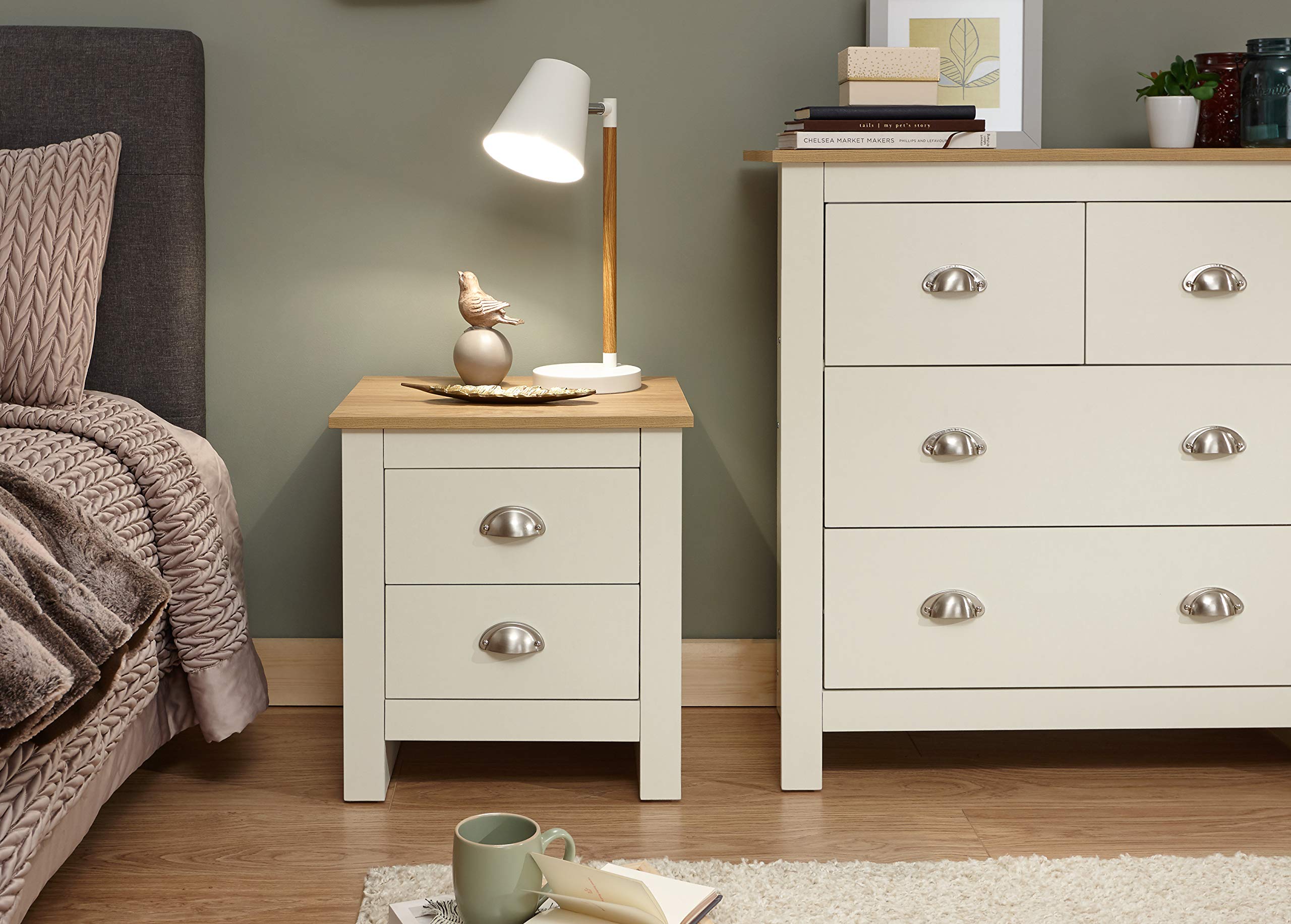 GFW Lancaster 2 Drawer Bedside Table - Cream with Oak Top | Storage | 48.2cm Height 5