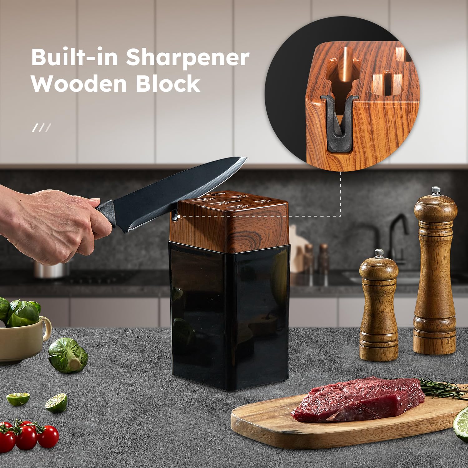 Yabano 7 Piece Kitchen Knife Set with Built-in Sharpener Block | Stainless Steel | Black 7