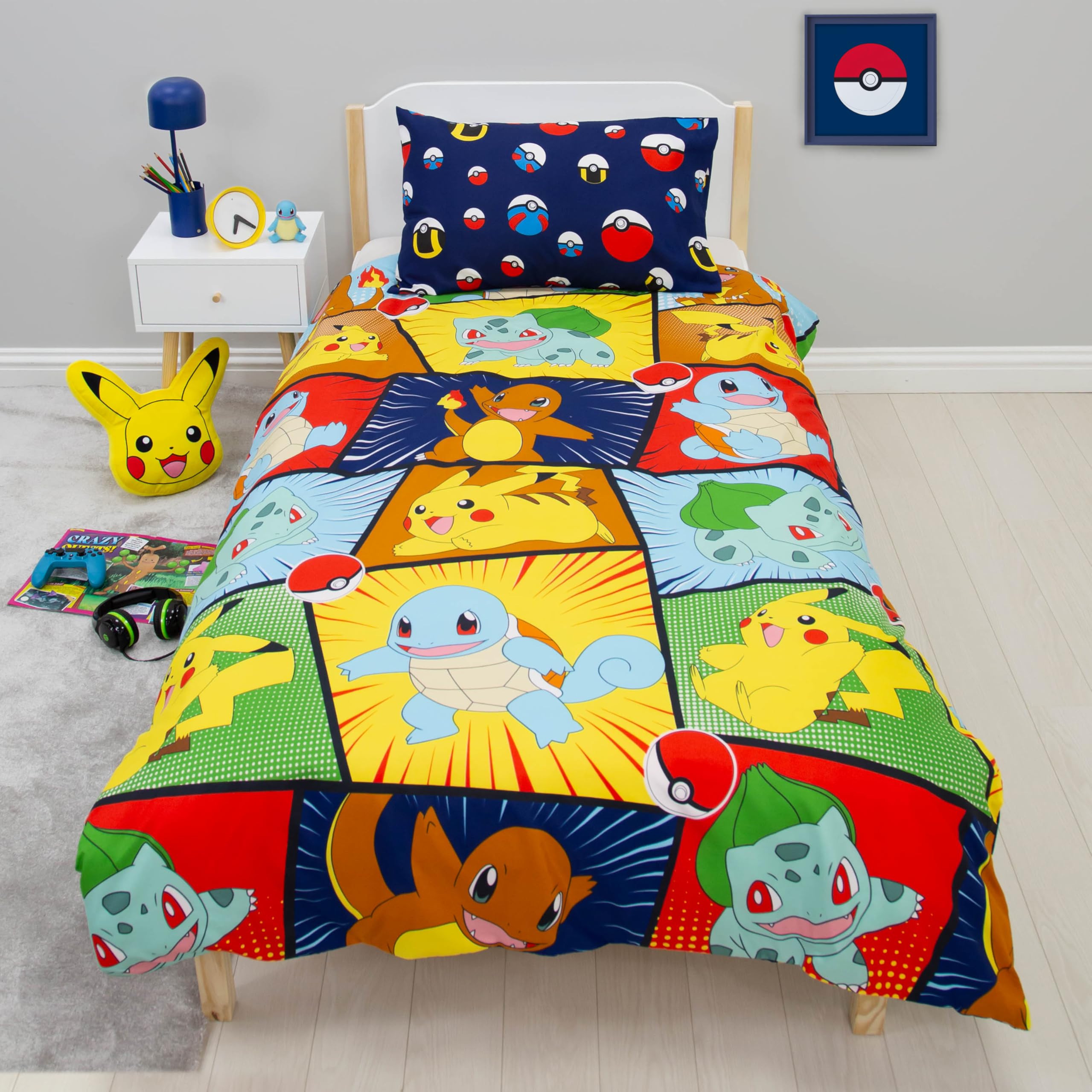 Pokémon Single Duvet Cover and Pillowcase Set - Reversible Pikachu & Starters Design | UK Single Size 4