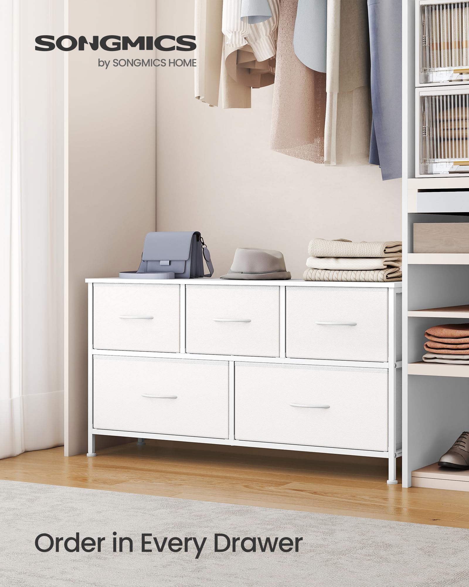 SONGMICS Chest of Drawers - 5 Storage Drawers | Steel Frame | Cloud White + Snow White 3