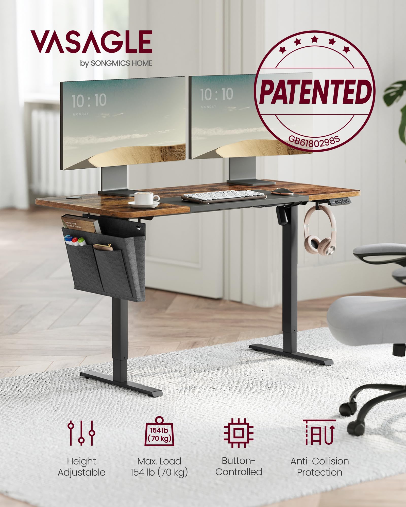 VASAGLE Electric Standing Desk - Height Adjustable 72-120 cm | 120 x 60 cm Top | Rustic Brown + Matte Black 3